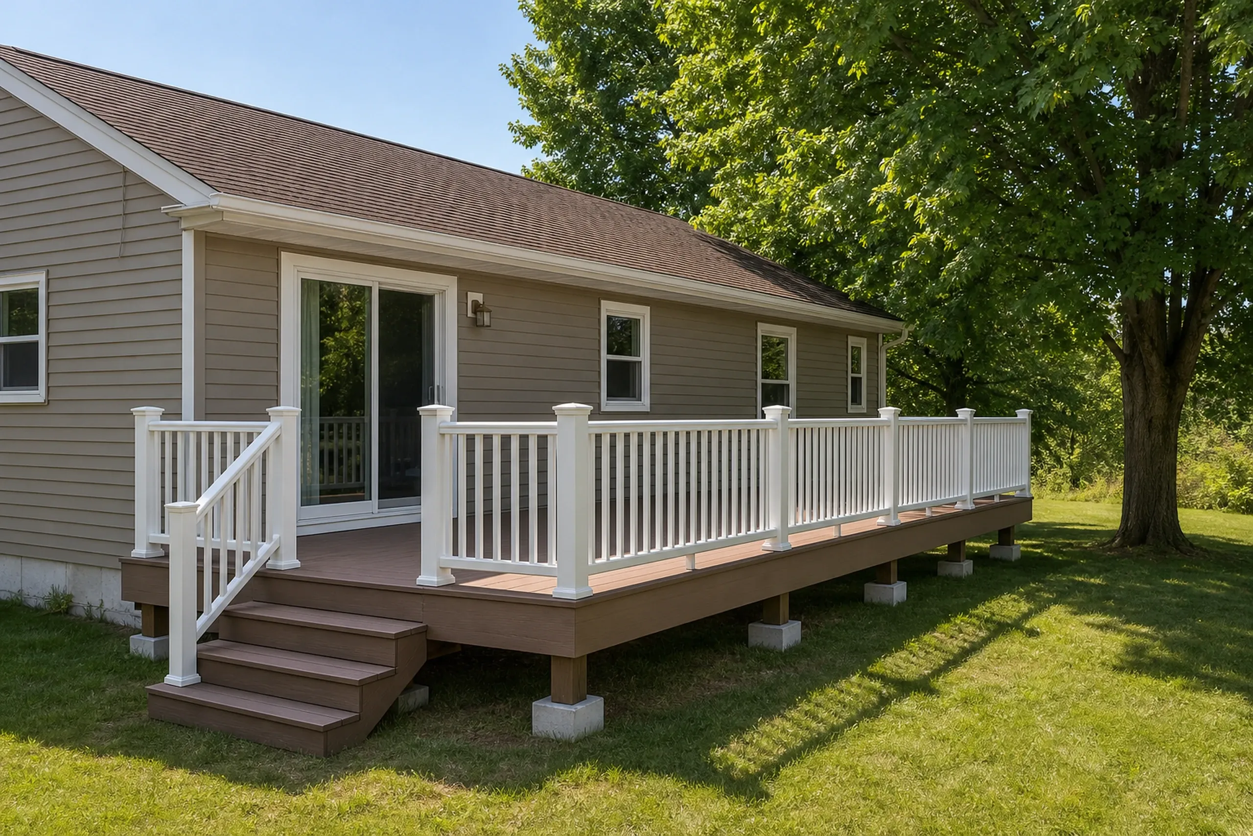 Wooden deck with white railing and steps attached to gray house with sliding glass door and three windows, two adults standing inside visible.