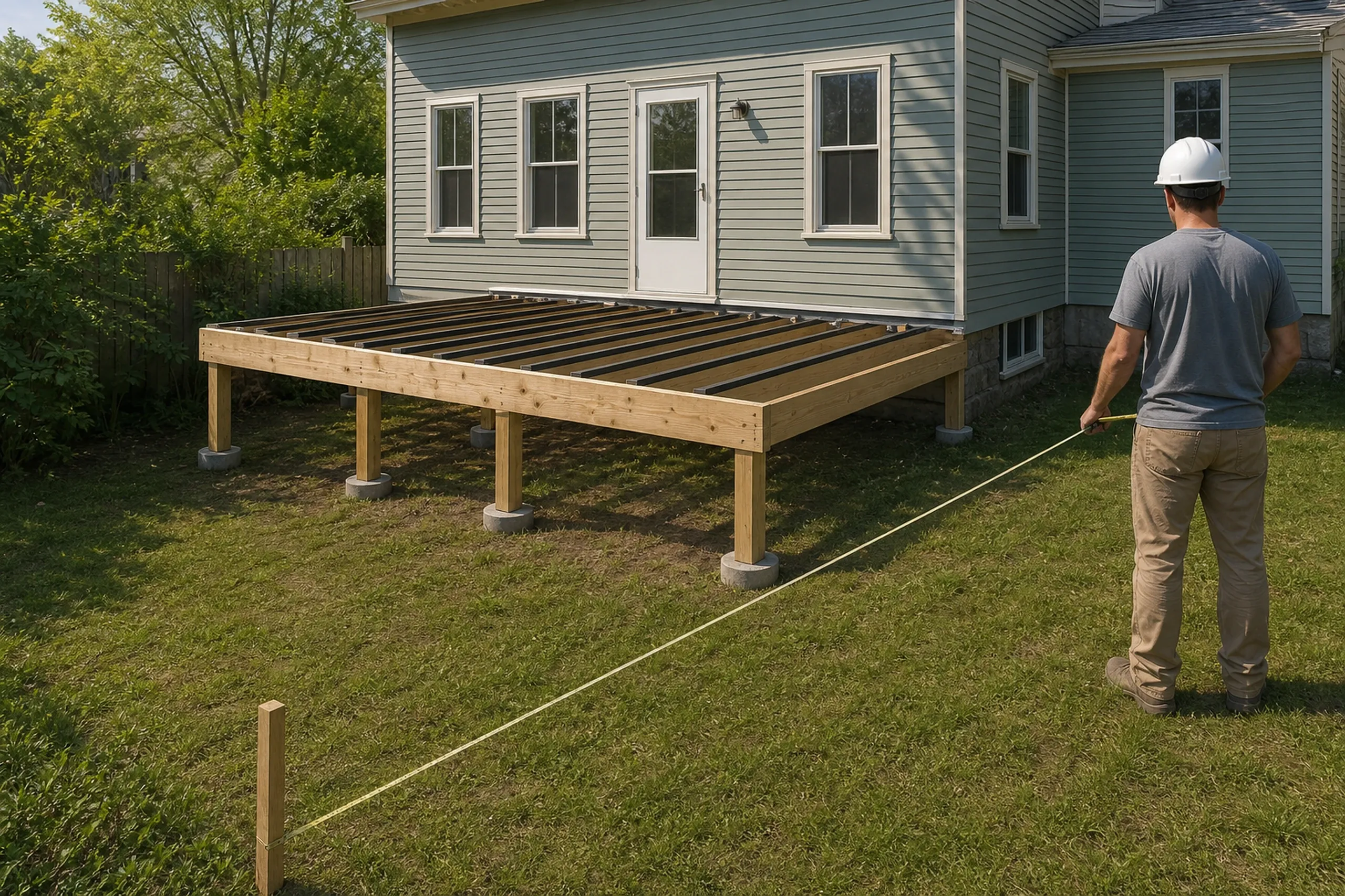 Man measuring a wooden deck frame with no railing attached behind a gray house with white-trimmed windows and door.