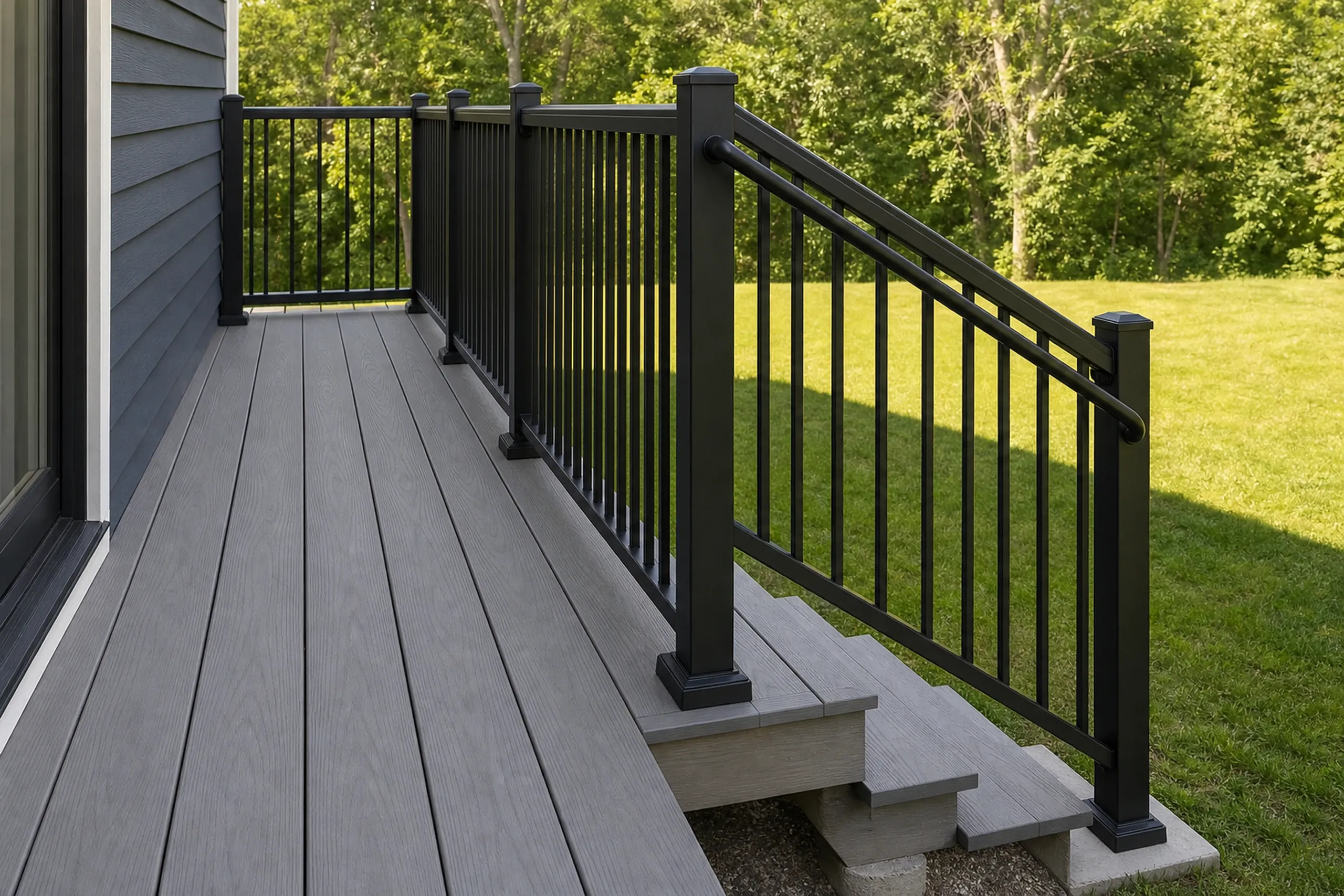 A gray deck with black vertical metal railing attached to a gray house overlooking a green lawn; no people visible.