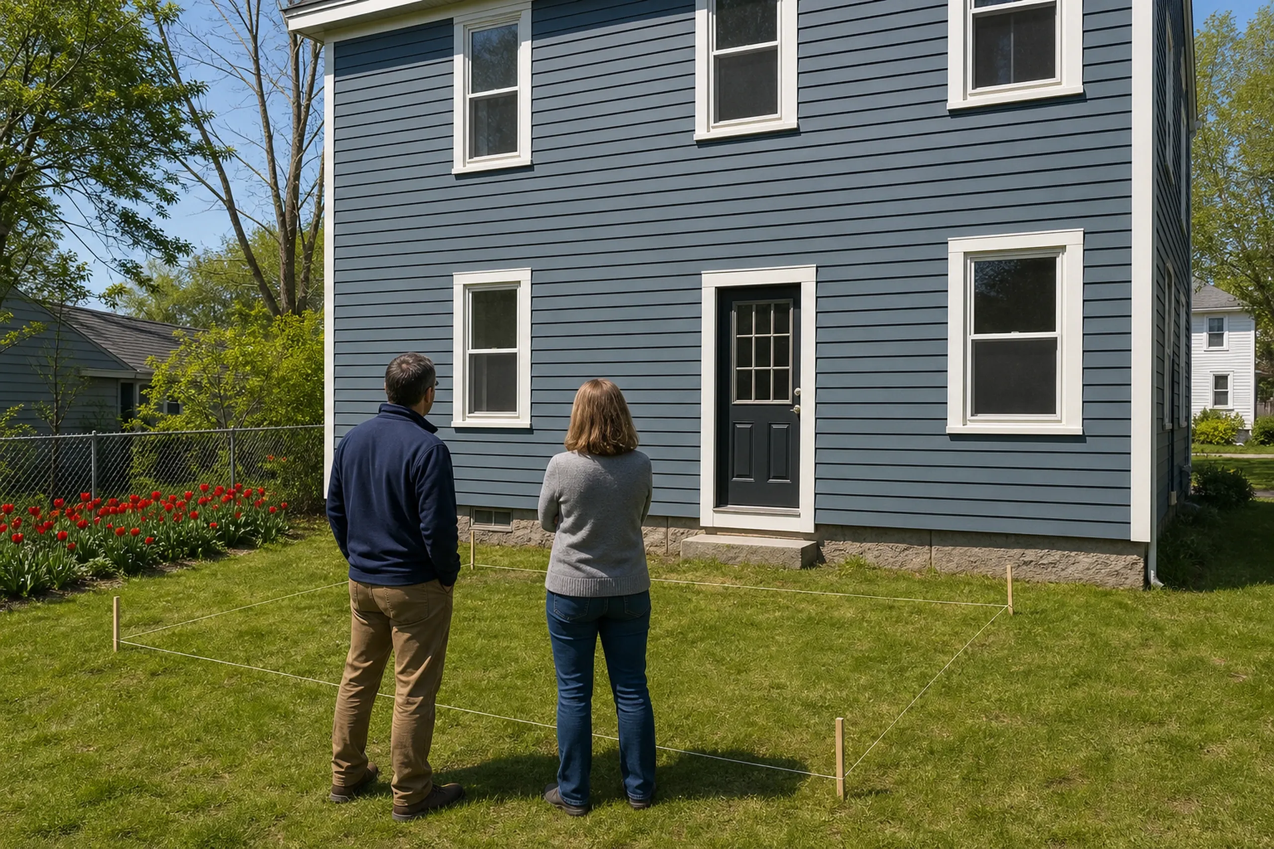 Two people stand on grass inside a marked square in front of a blue house with white trim and a black door.