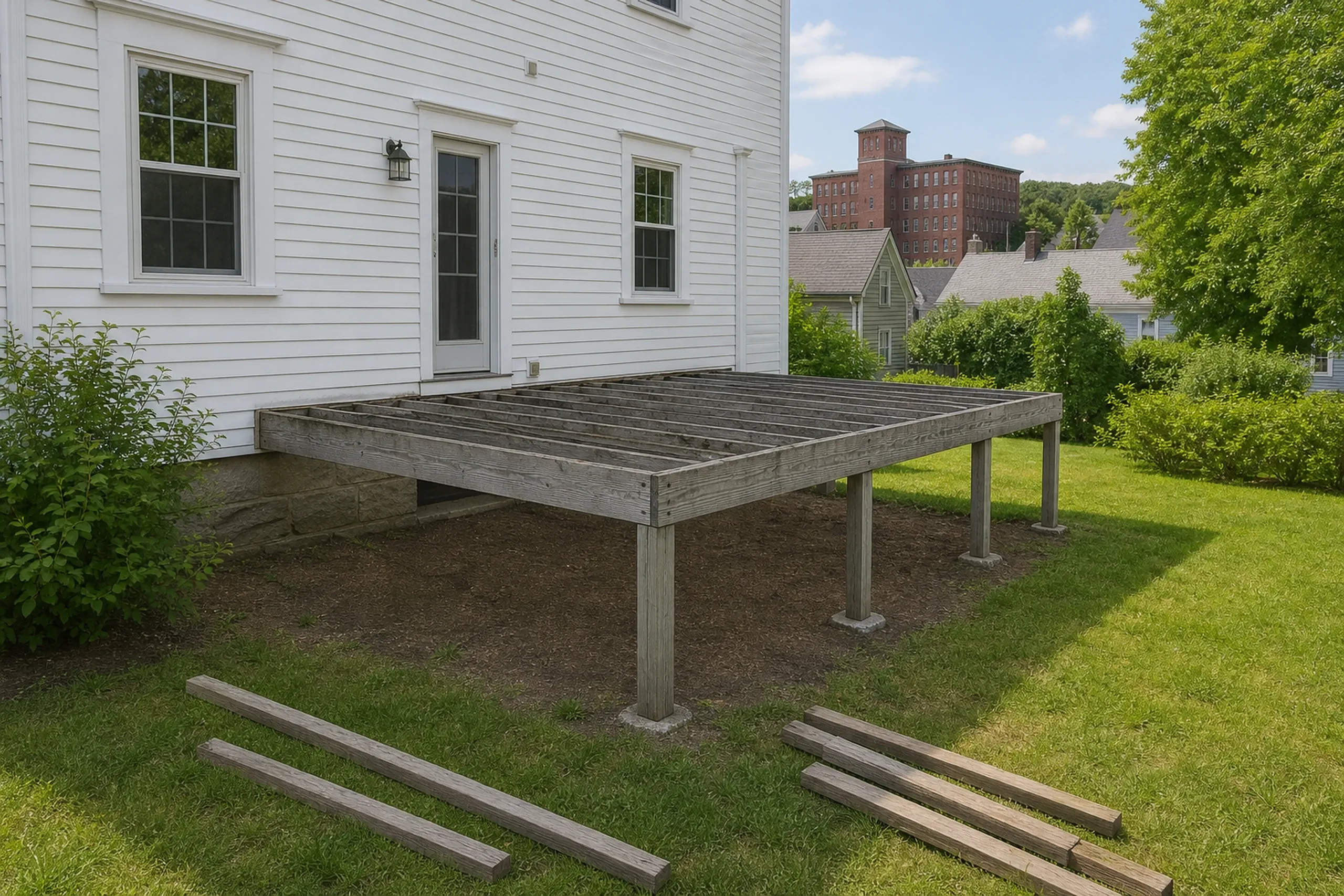 A raised wooden deck frame without a railing attached to a white house with windows and a door, no people visible.