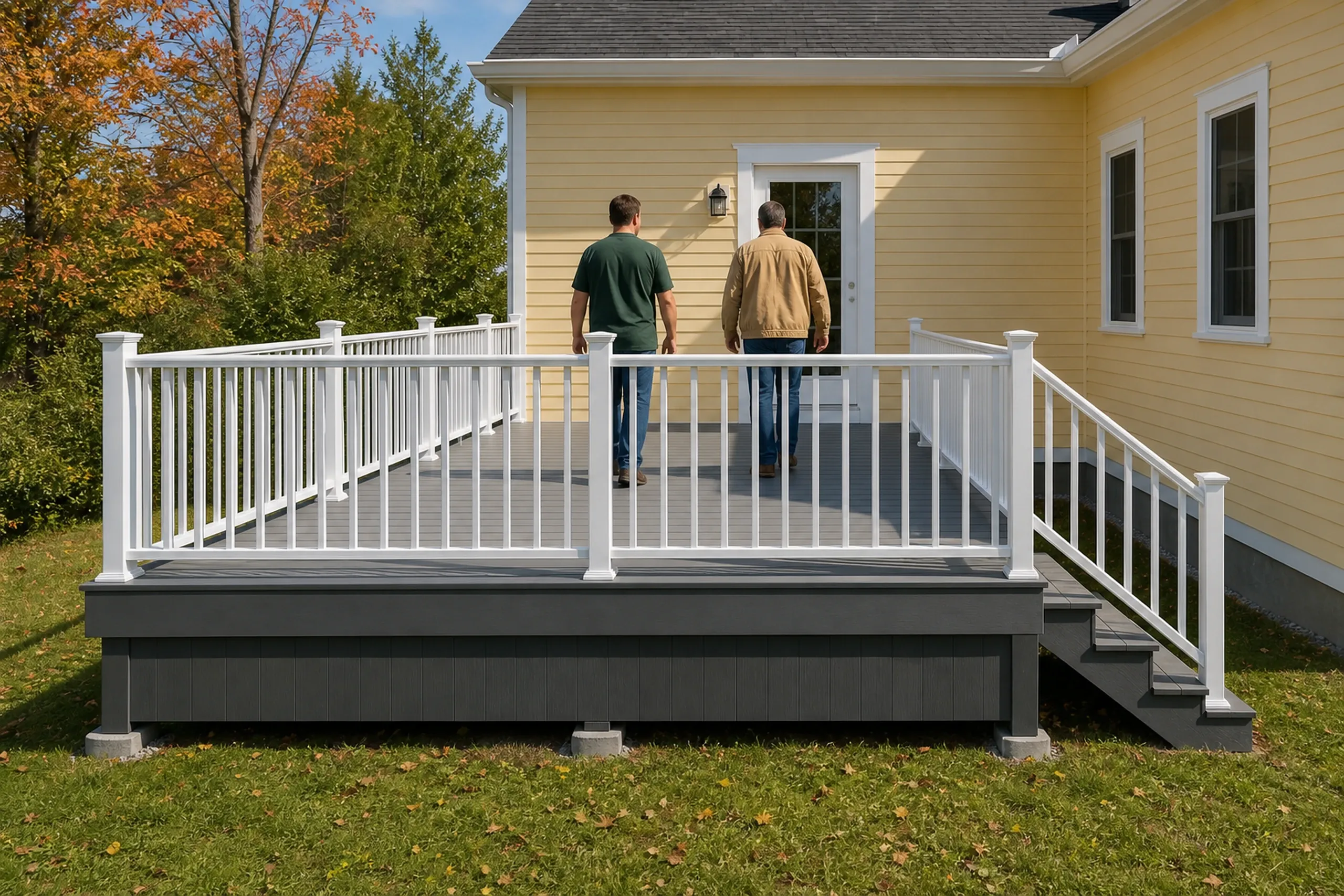 Two men walk on a gray wooden deck with white railings attached to a yellow house with white trim.