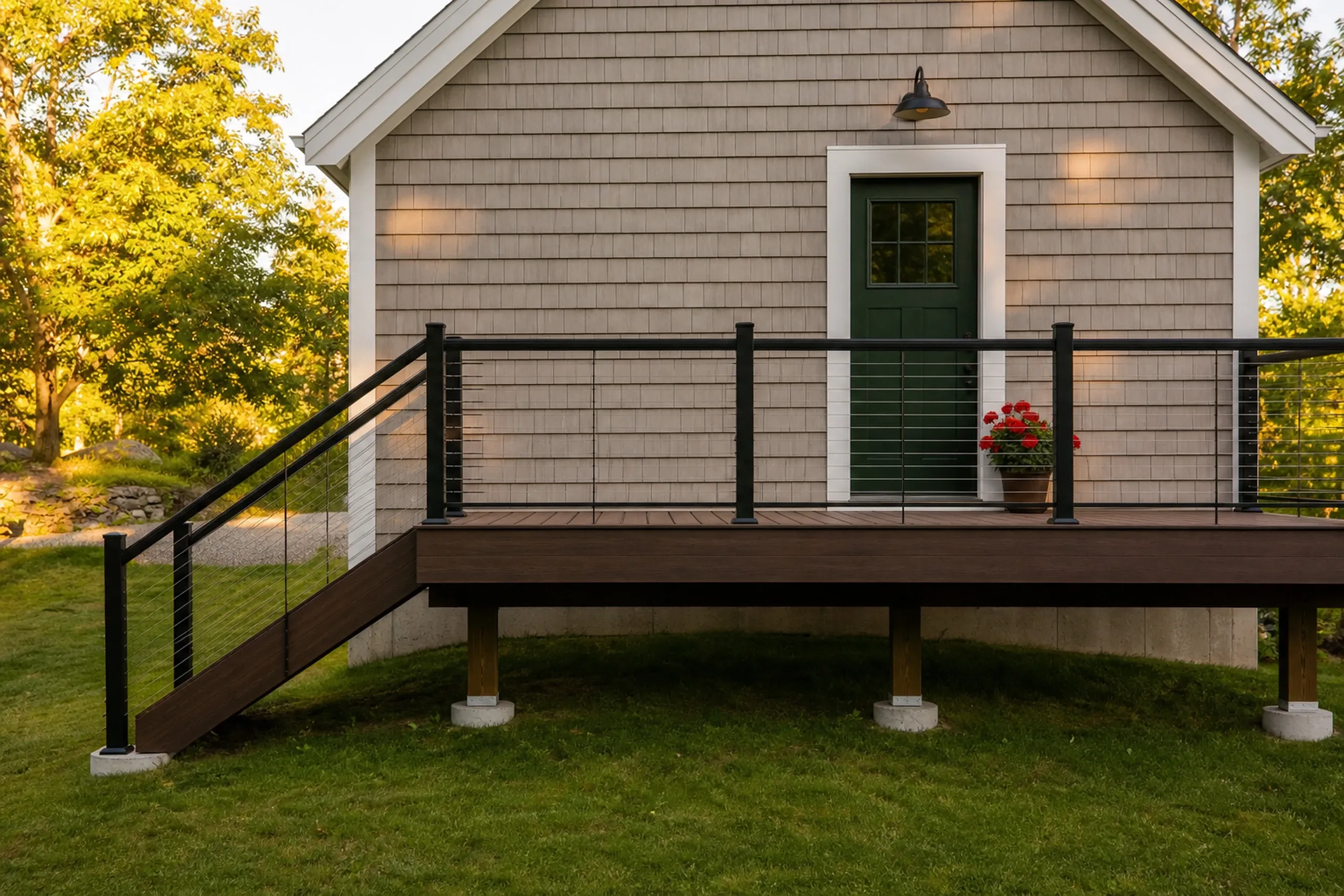 Small elevated wooden deck with black metal cable railing, attached to a beige shingle-sided house with a green door and a potted red flower.