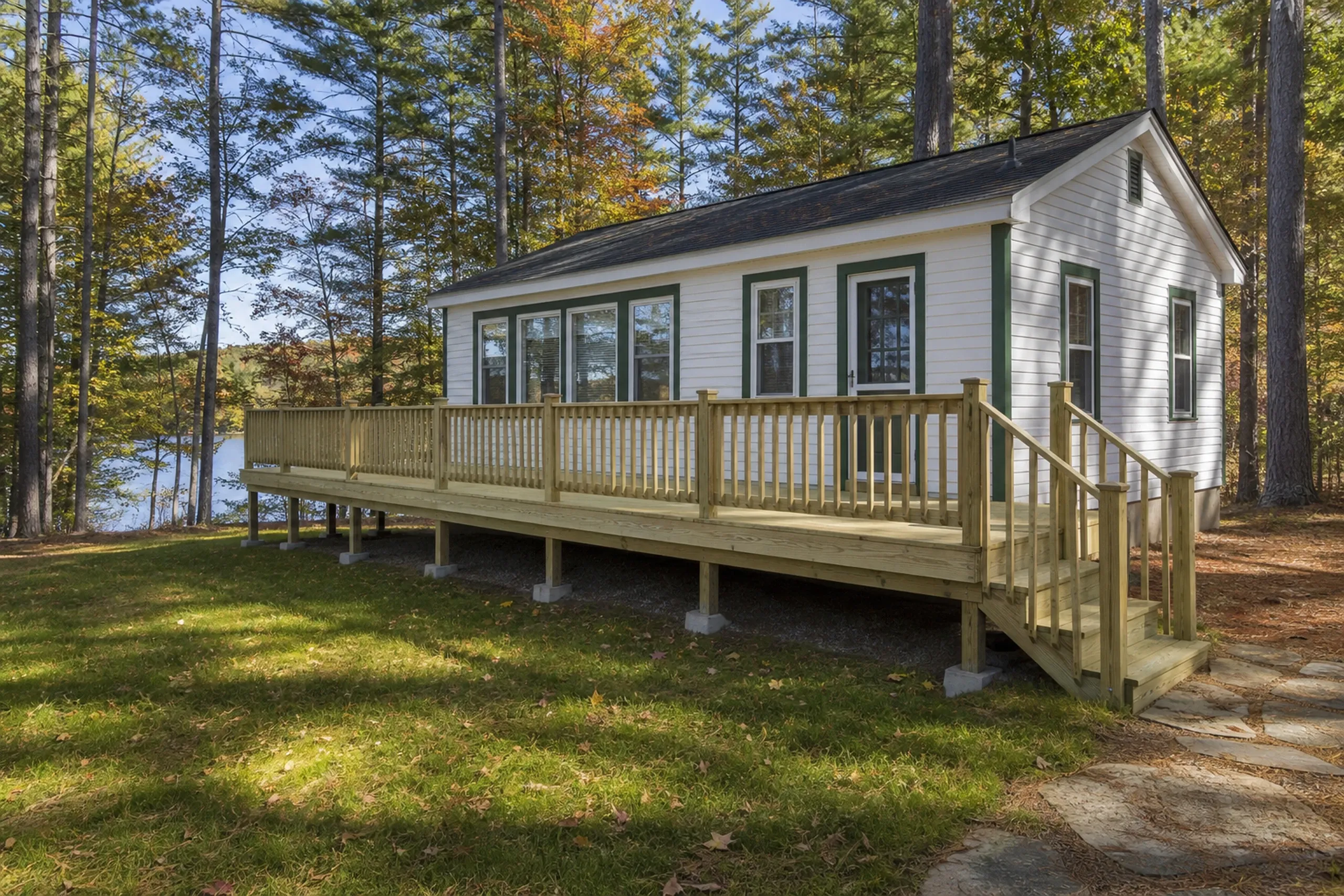 A small white house with green-trimmed windows has a raised wooden deck and railing, set among trees near a lake.