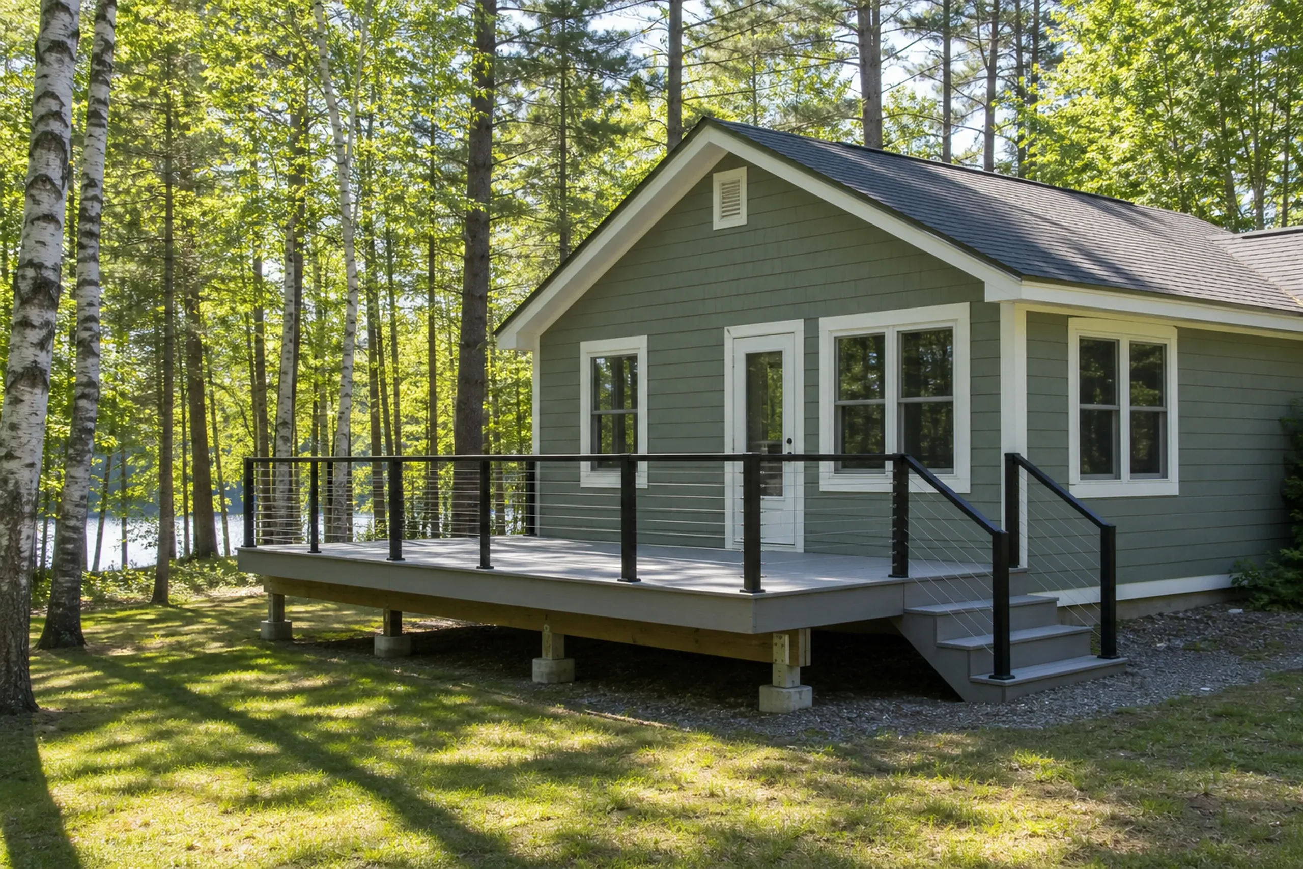 Green house with white trim has an elevated gray deck with black metal railing and stairs, surrounded by tall trees near a lake.