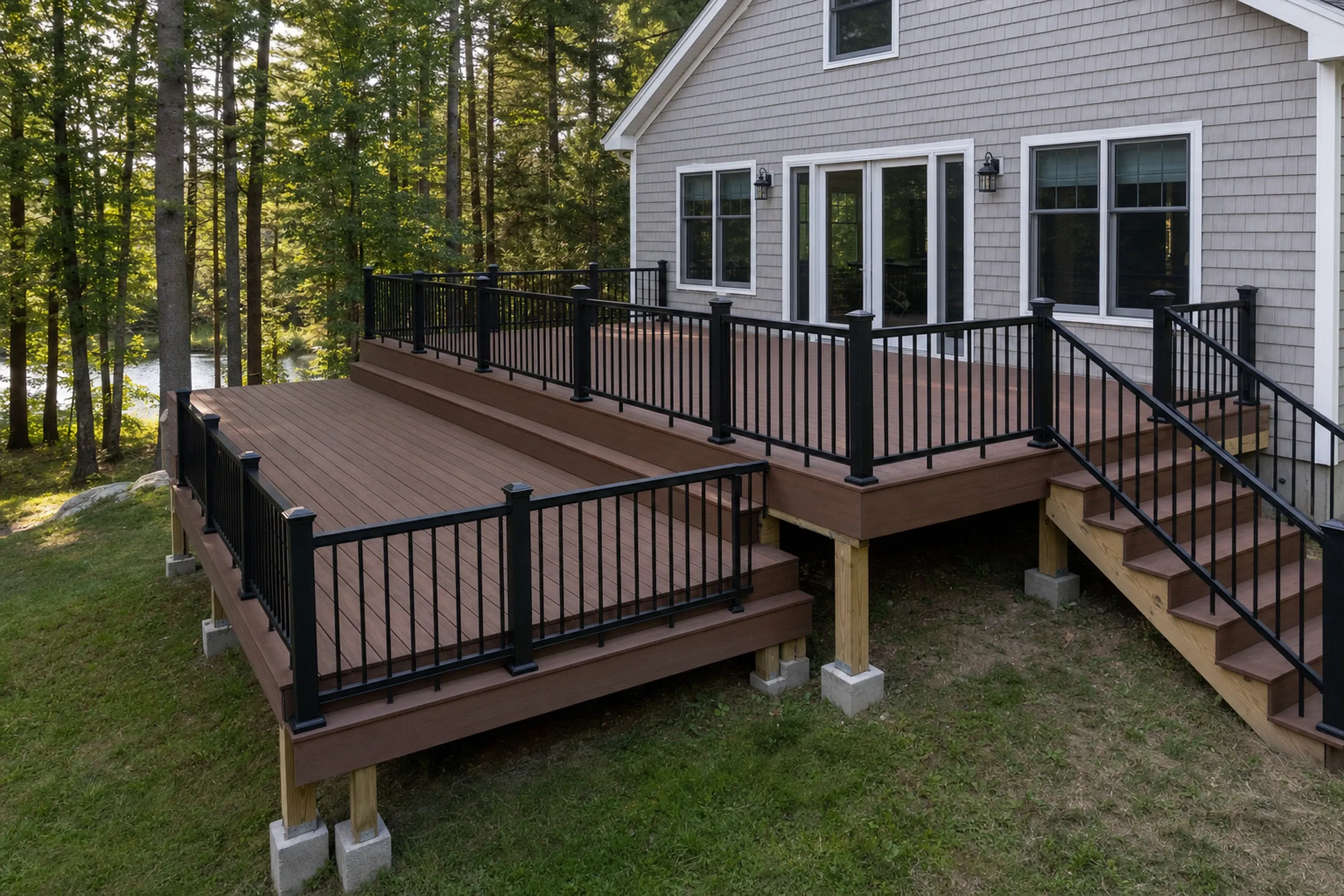 Deck builders in litchfield, me: Deck builders litchfield ME: Large brown wooden deck with black metal railing attached to gray house with white trim; no people visible.