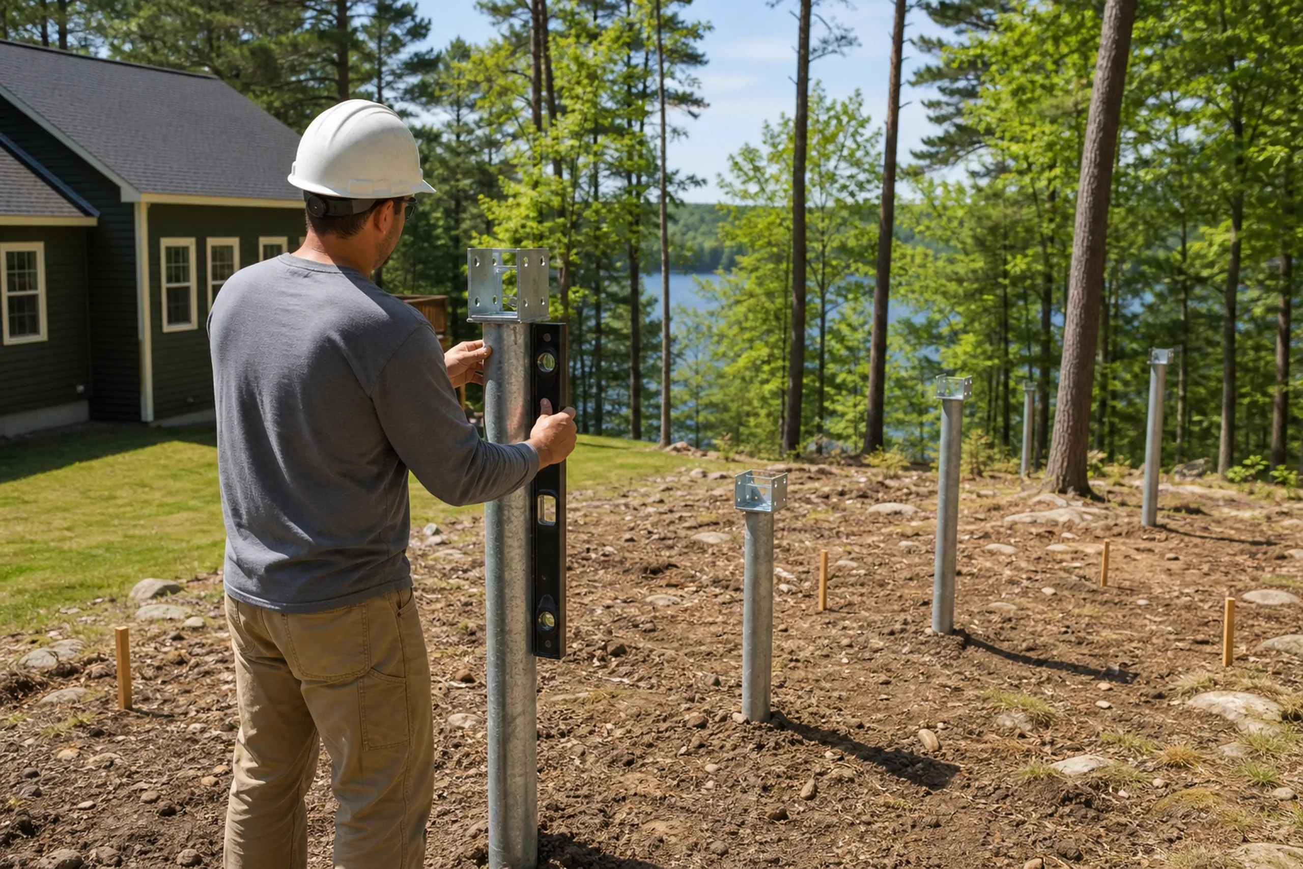 A man in a white hard hat uses a level on metal deck posts by a black house with beige trim and a pine tree forest in the background.