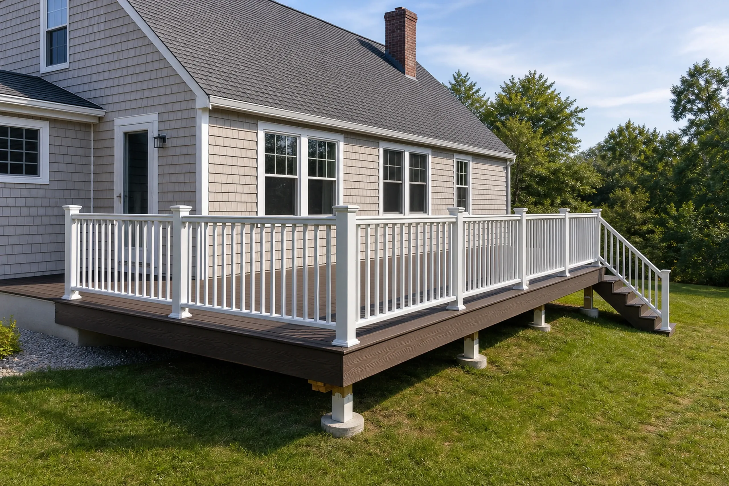 A beige house with a grey roof has a raised brown wooden deck with white railings and stairs leading to a green lawn.