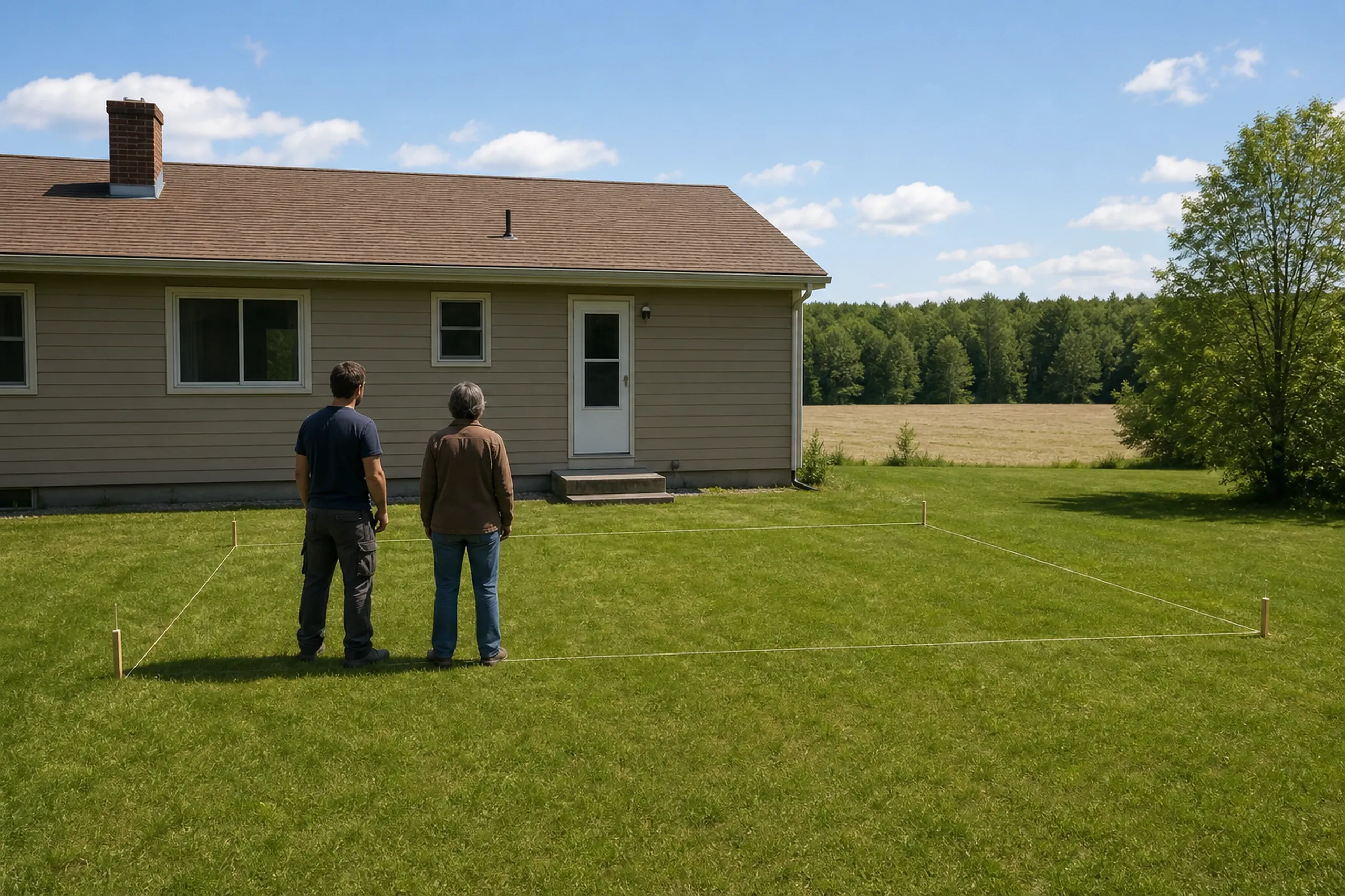 Two people stand on grass in front of a tan house with a chimney, outlining a future deck area with stakes and string.
