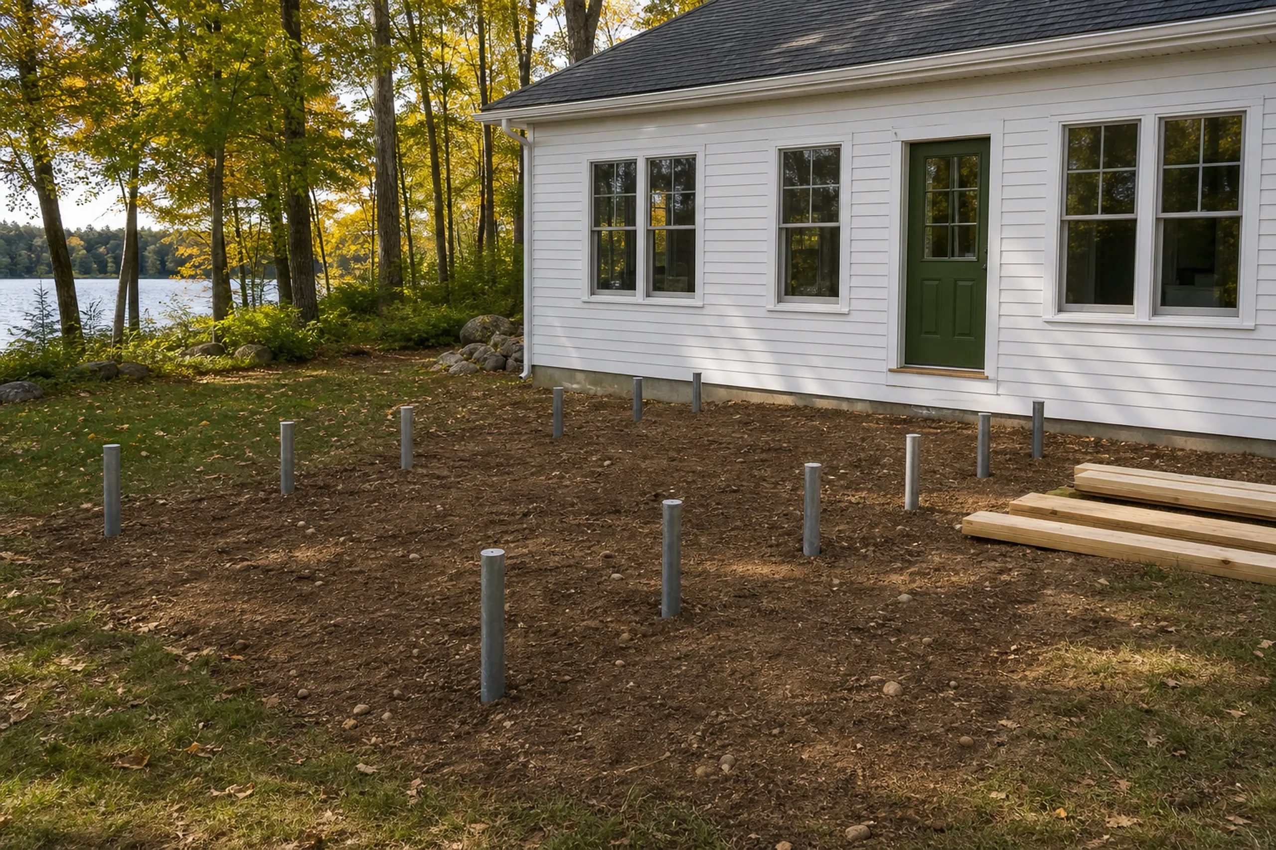White house with green door and four windows, bare ground with metal posts for deck foundation, no railing or people visible.