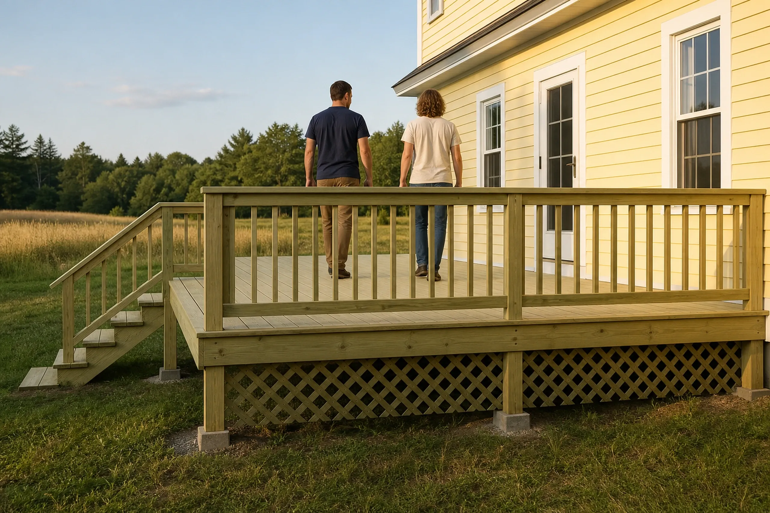 Two people walk on a wooden deck with vertical railings and stairs, attached to a yellow house with white trim and glass doors.