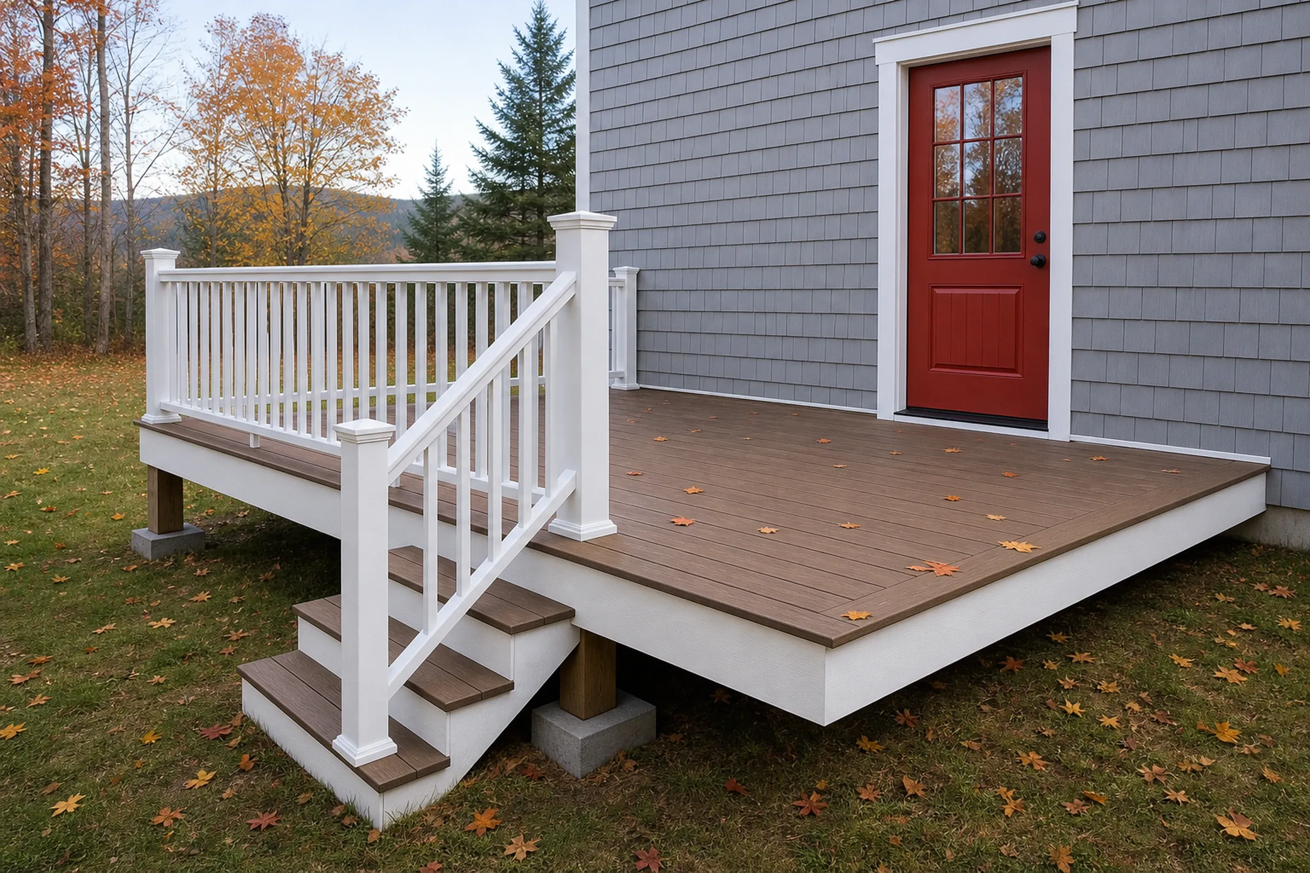 A brown wooden deck with white railing and stairs attached to a gray house with a red door; no people are visible.
