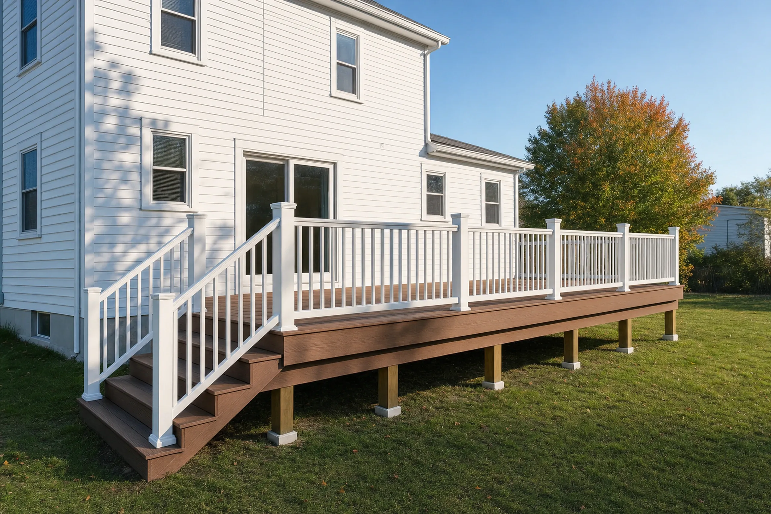 Deck builders in mechanic falls, me: Deck builders mechanic falls ME: Brown wooden deck with white railing attached to white two-story house, no people visible outside.