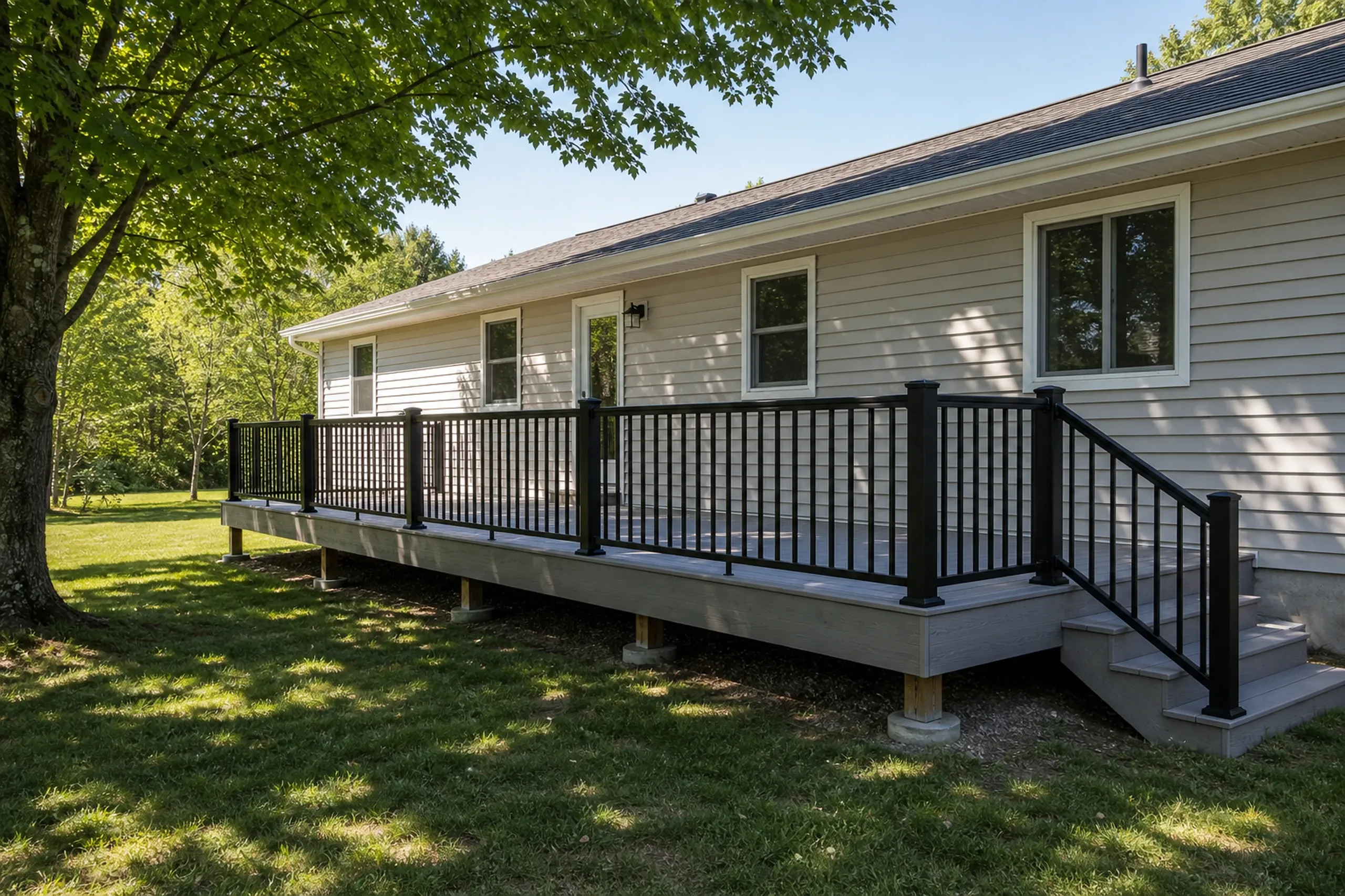 Deck with black metal railing extends along the side of beige house with three visible windows and one door; no people are present.