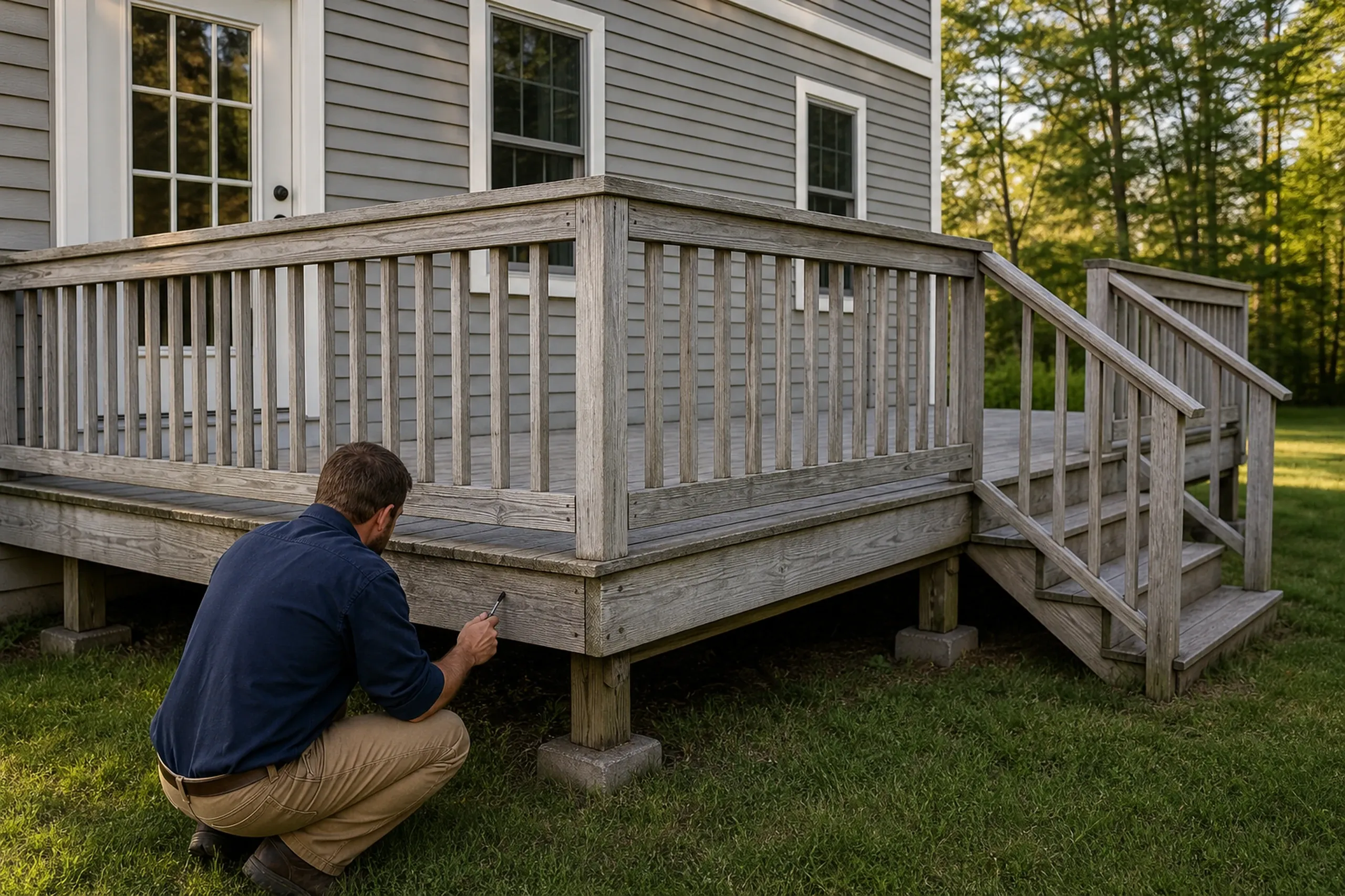 Man crouching beside a gray wooden deck with railings and stairs attached to a gray house with white trim.
