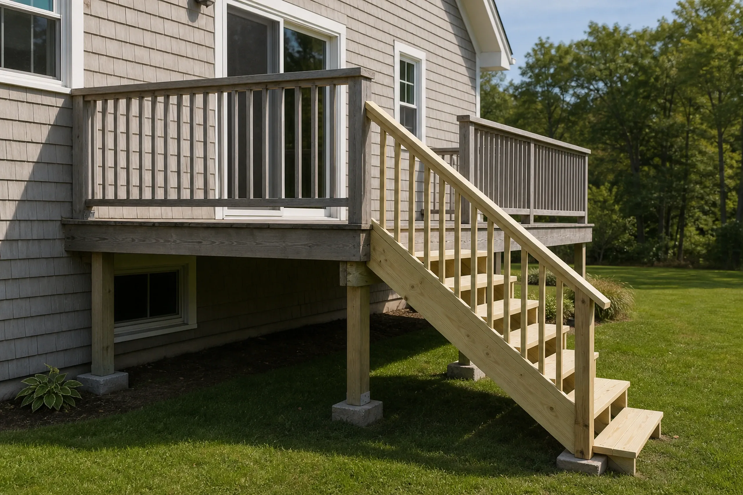 Wooden deck with vertical railing and stairs attached to beige house with windows, surrounded by lawn and trees; no people visible.