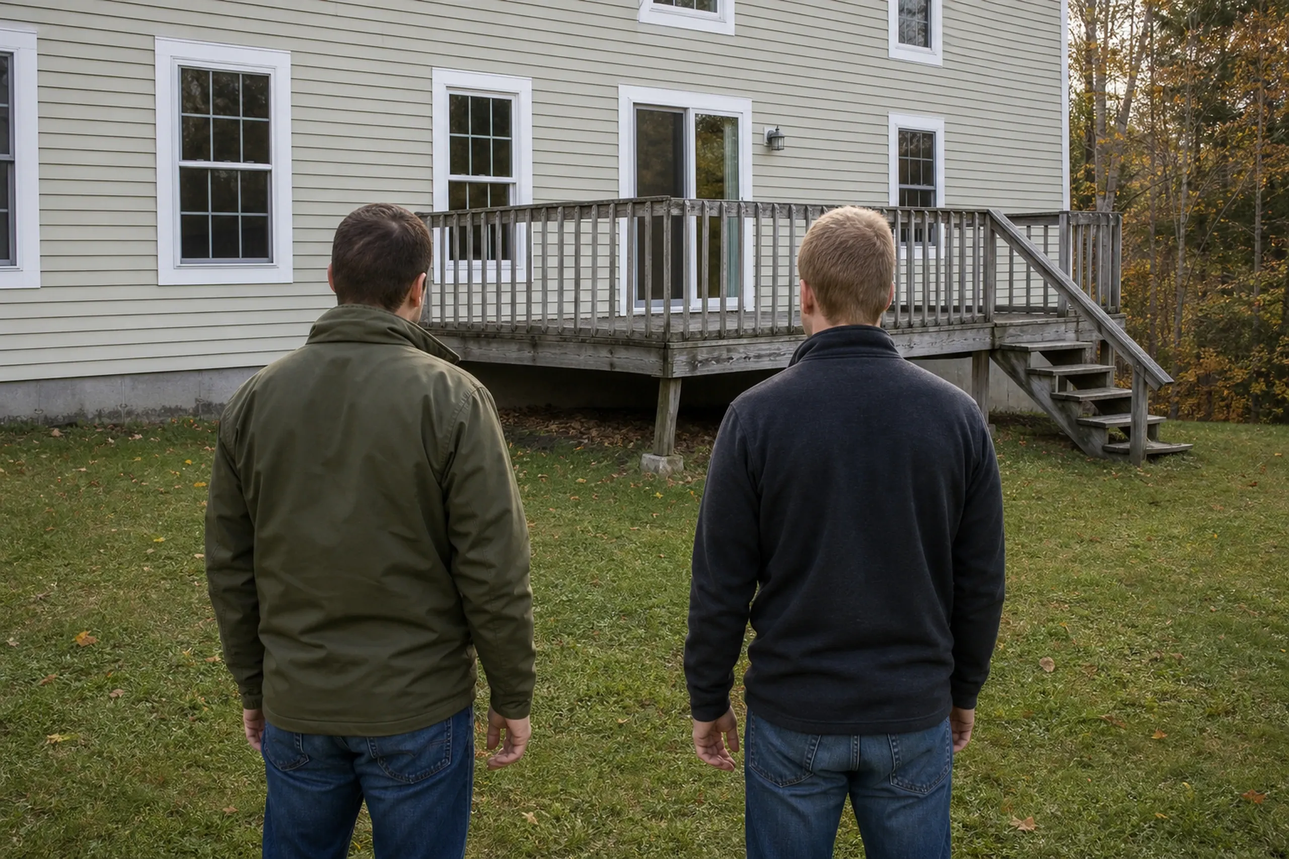 Two men stand on grass facing a beige house with a wooden deck, railing, and stairs leading to a sliding glass door.