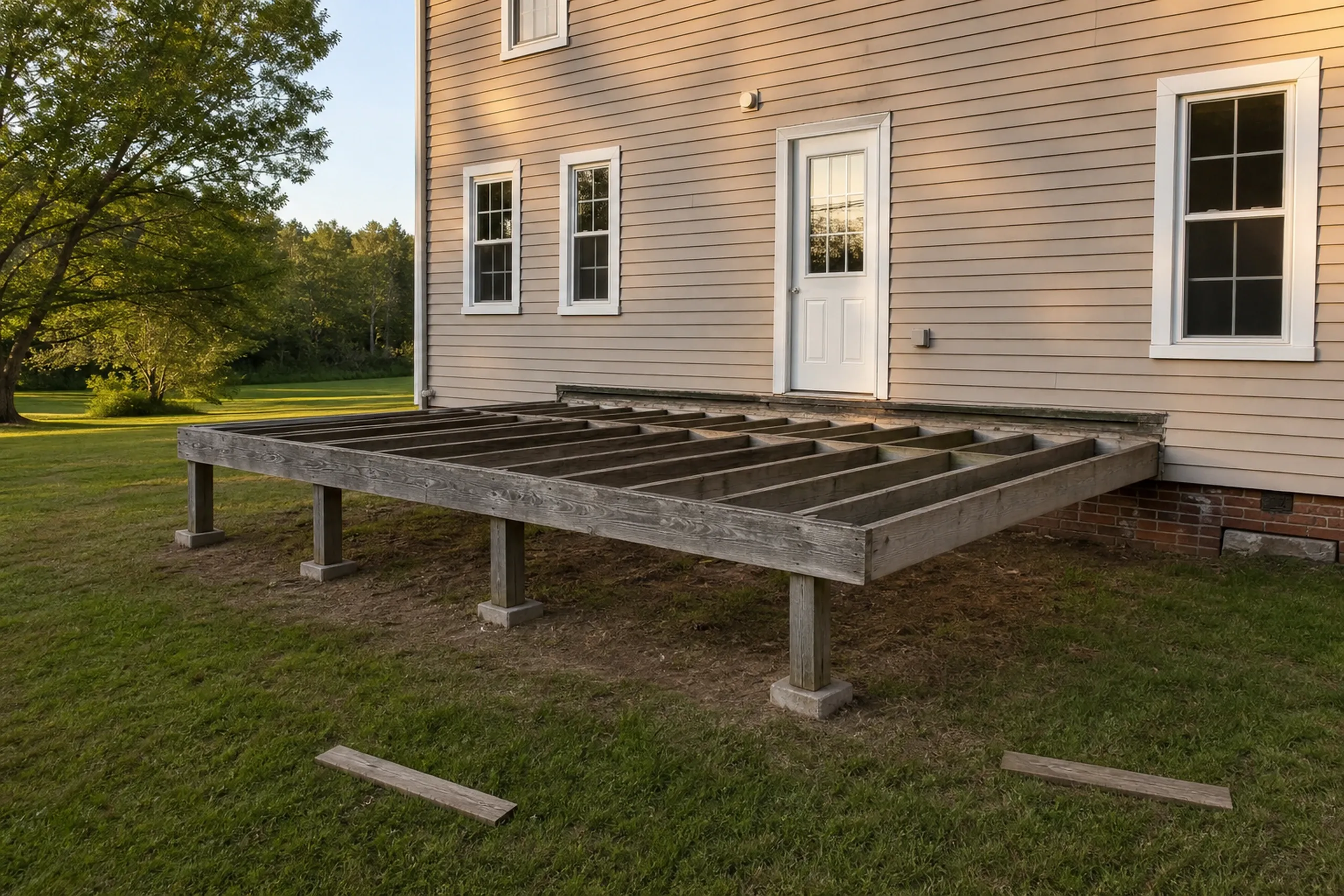 Wood-framed deck without floorboards attached to beige two-story house with white door and windows, no people visible.