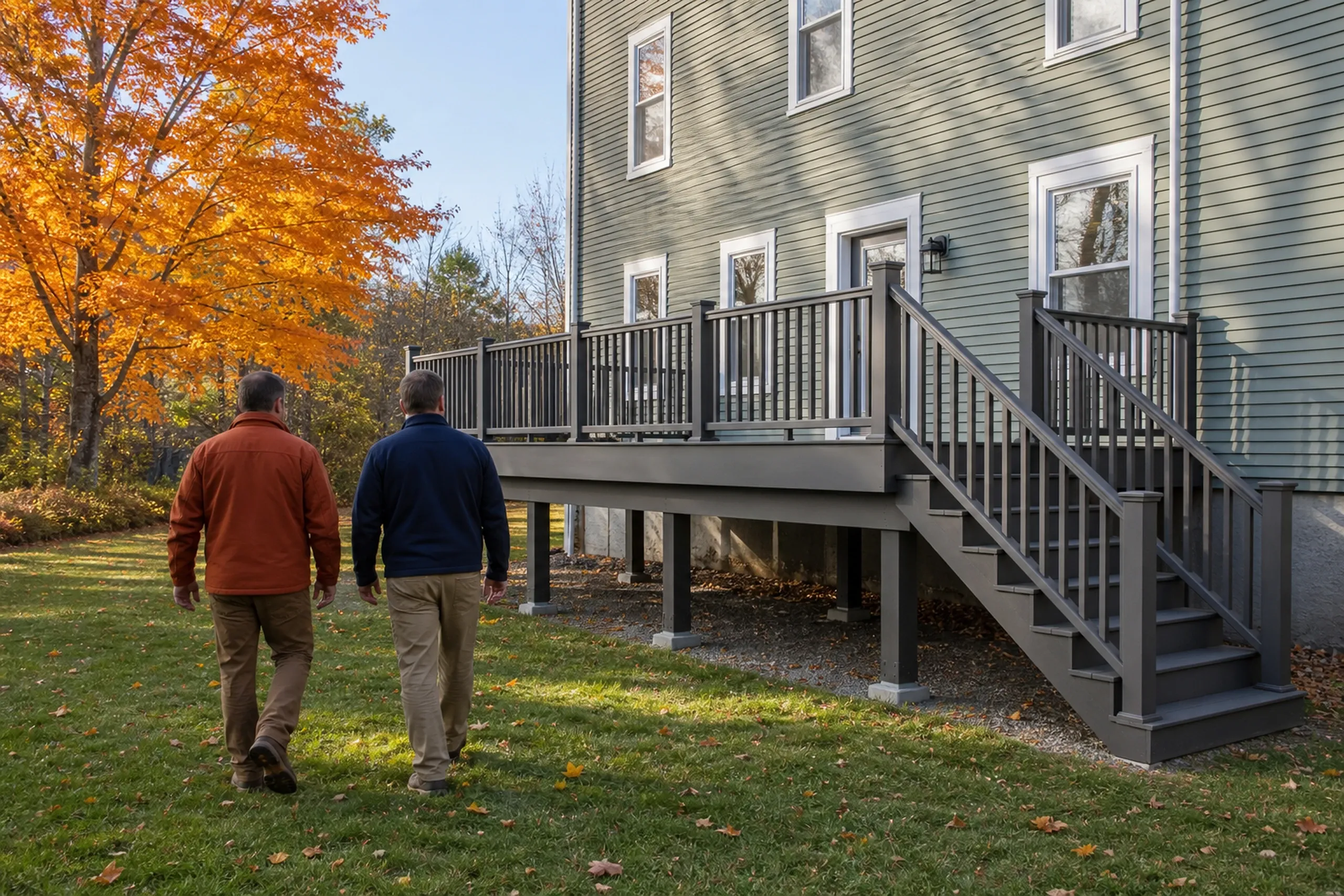 Two men walk on grass beside a raised dark gray deck with matching railing and stairs attached to a green house.