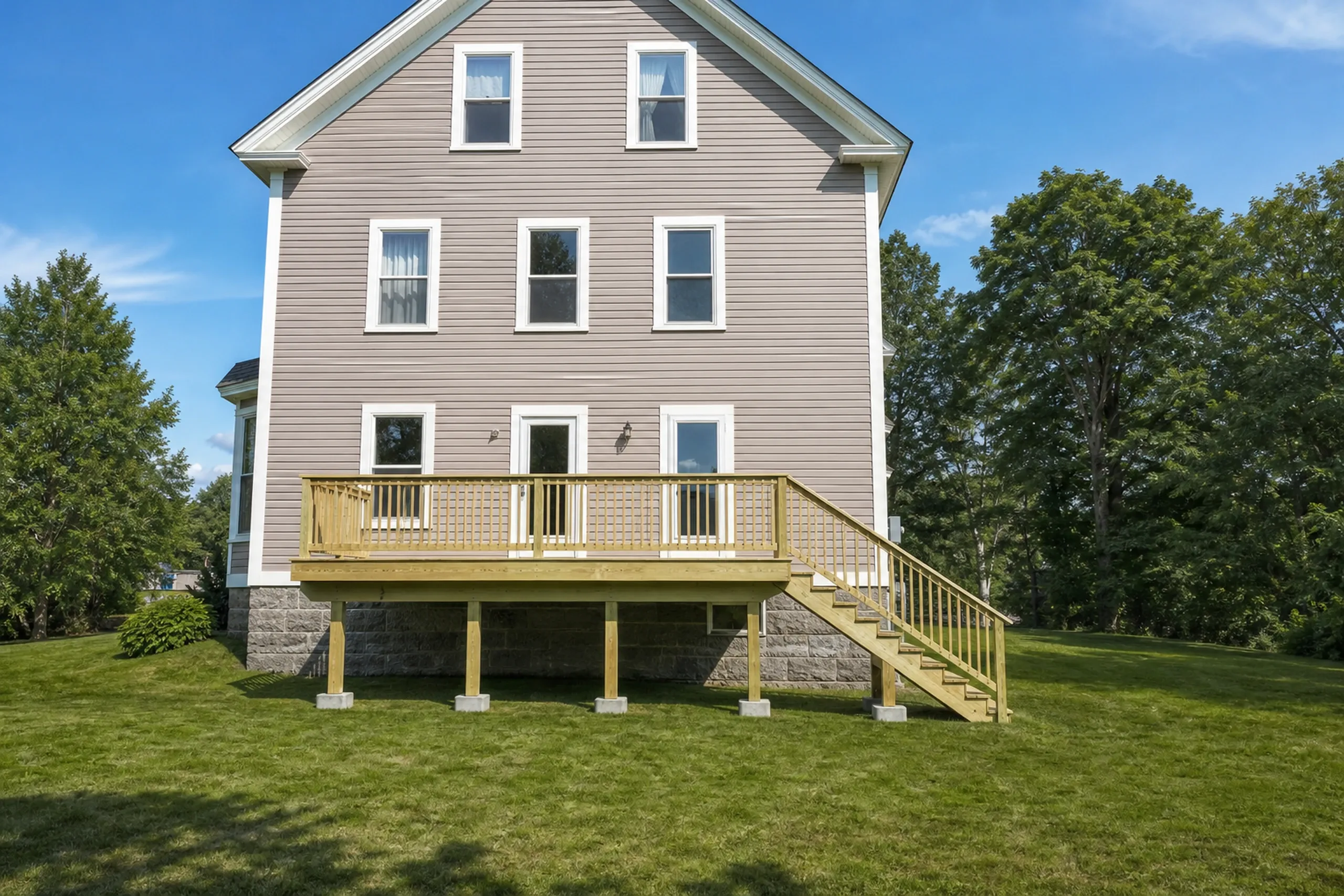 Two people stand on a light wood deck with railing attached to a beige, three-story house with white trim.