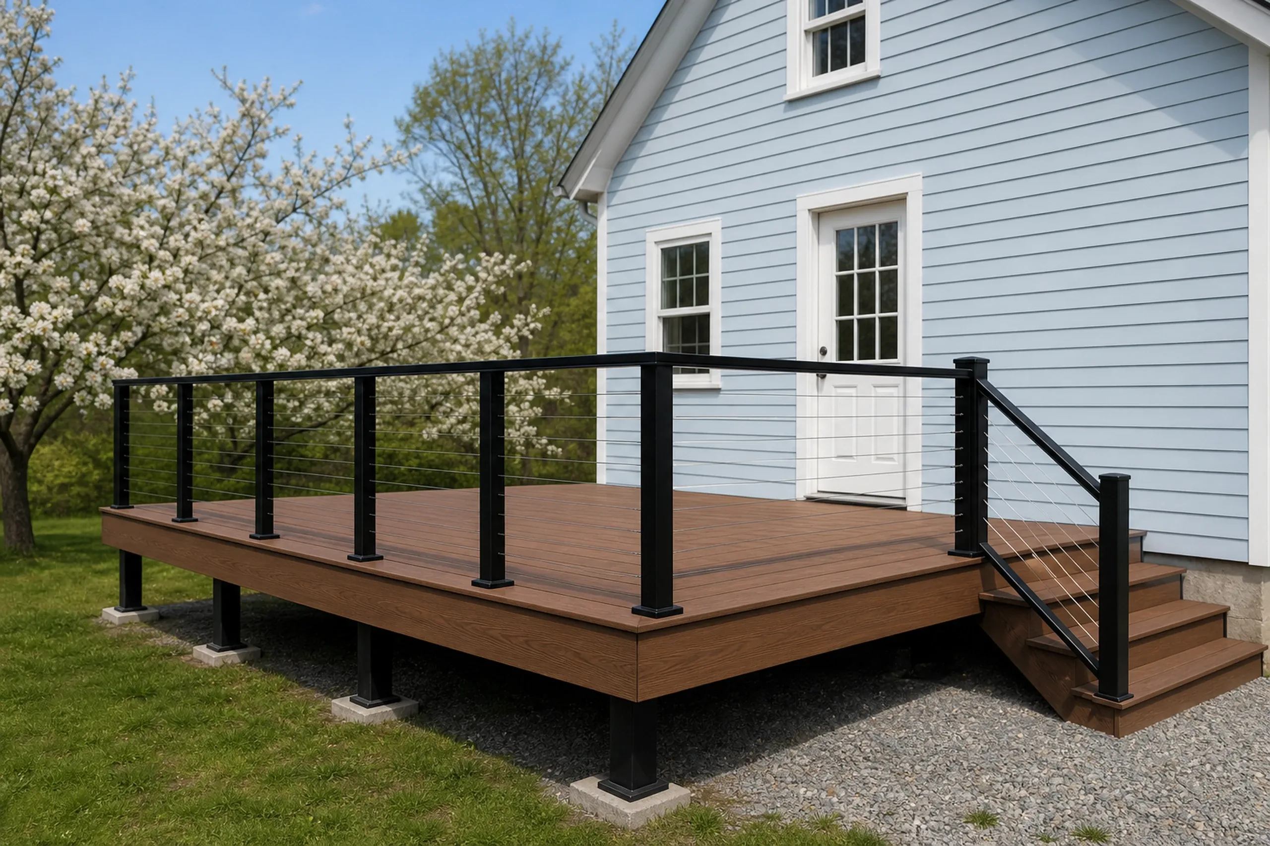 A light blue house with white trim has a raised wooden deck with black metal and cable railing and three steps leading down; no people visible.