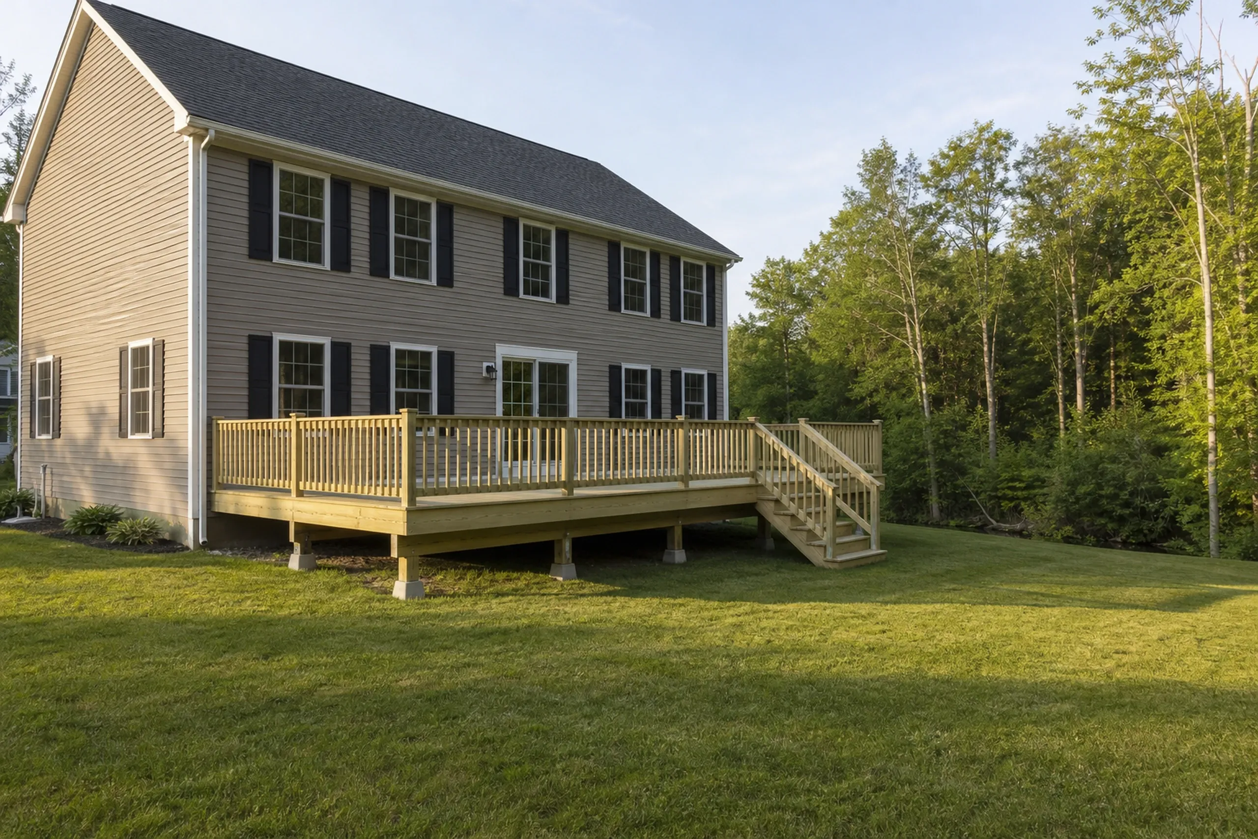 Two people stand on a large wooden deck with railing attached to a beige two-story house with black shutters.