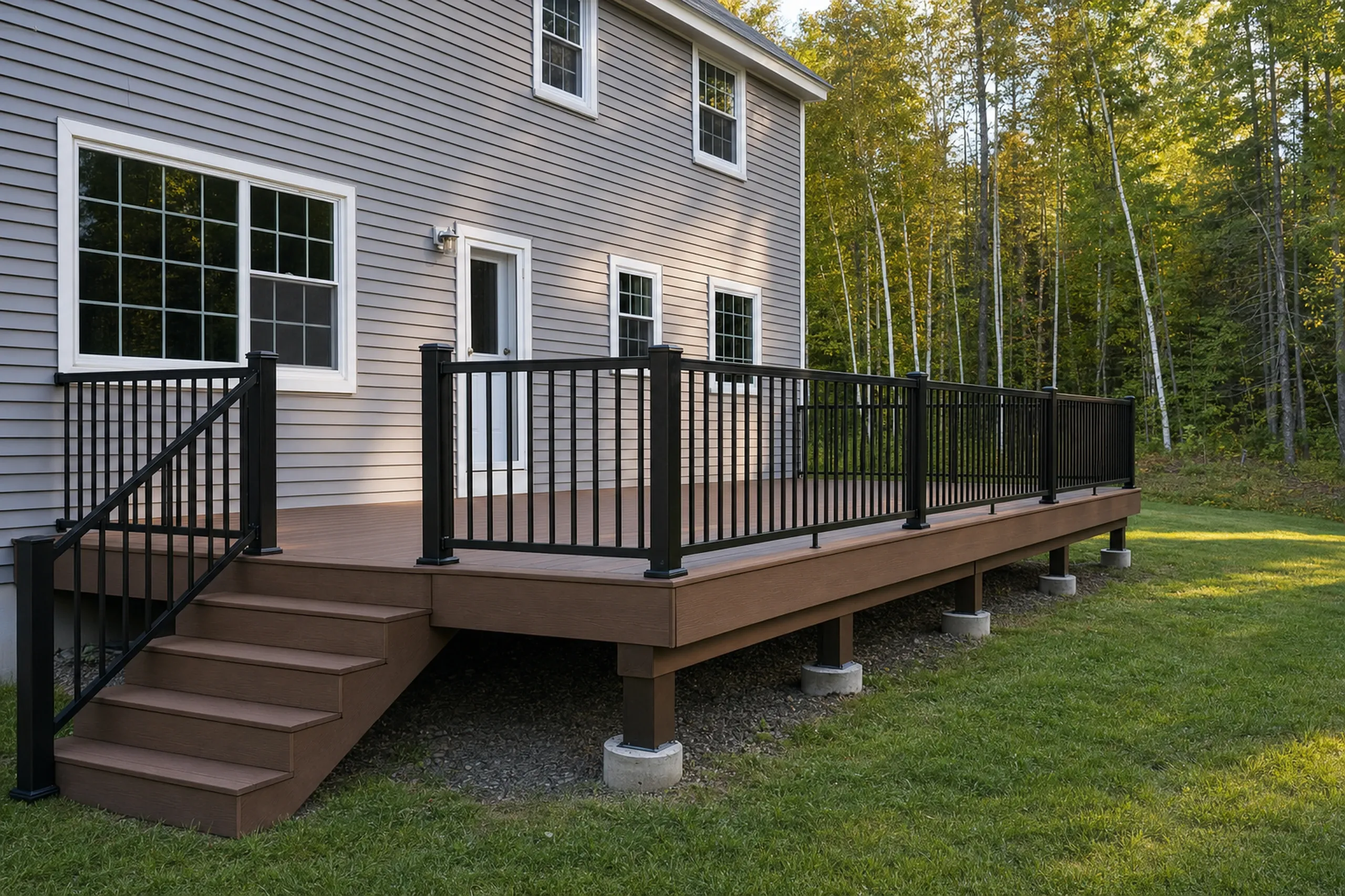 Deck builders in minot, me: Deck builders minot ME: Brown elevated deck with black metal railing, stairs, attached to gray two-story house, no people visible.