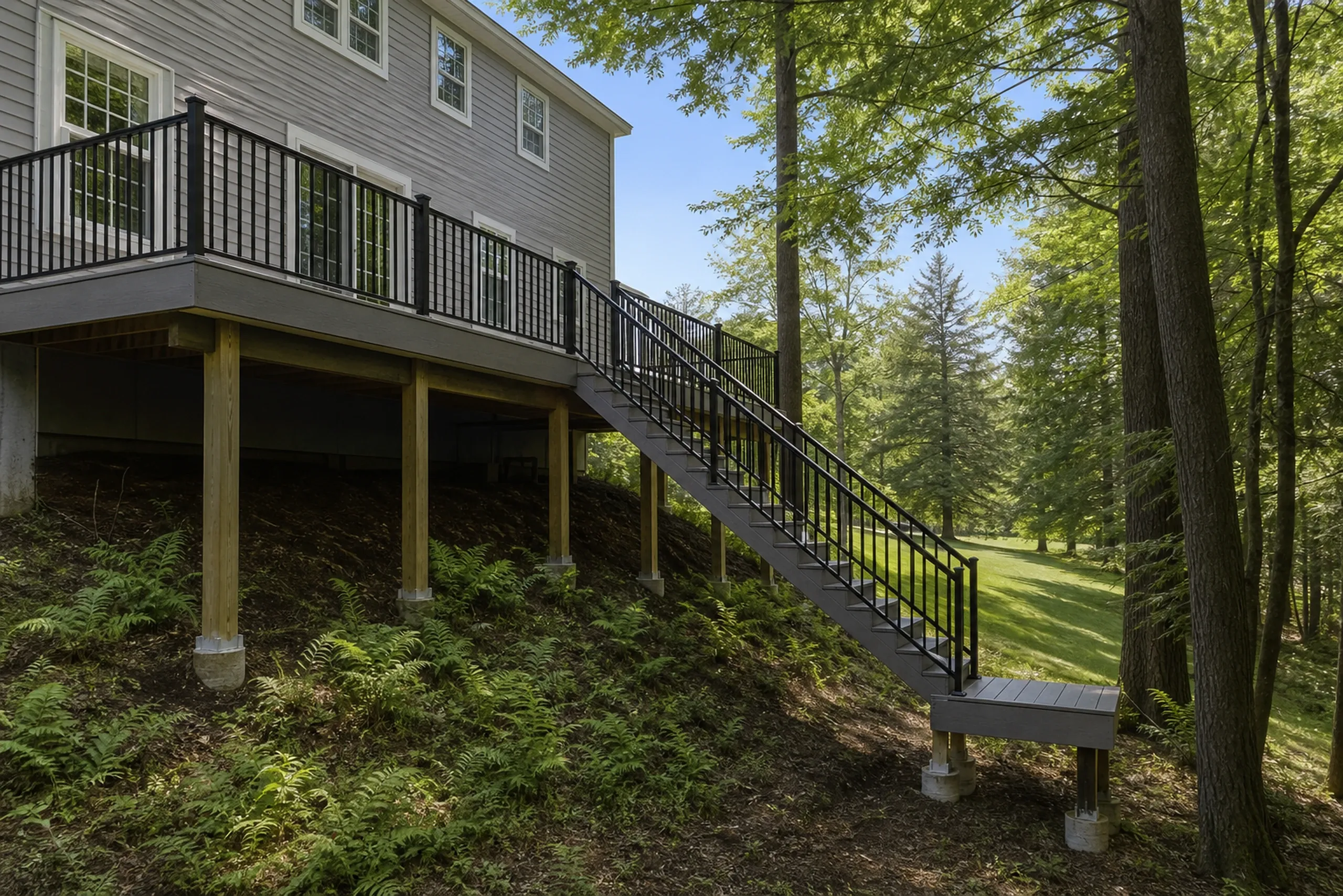 Raised wooden deck with black metal railing and stairs attached to beige two-story house, overlooking a wooded backyard with two people on the stairs.