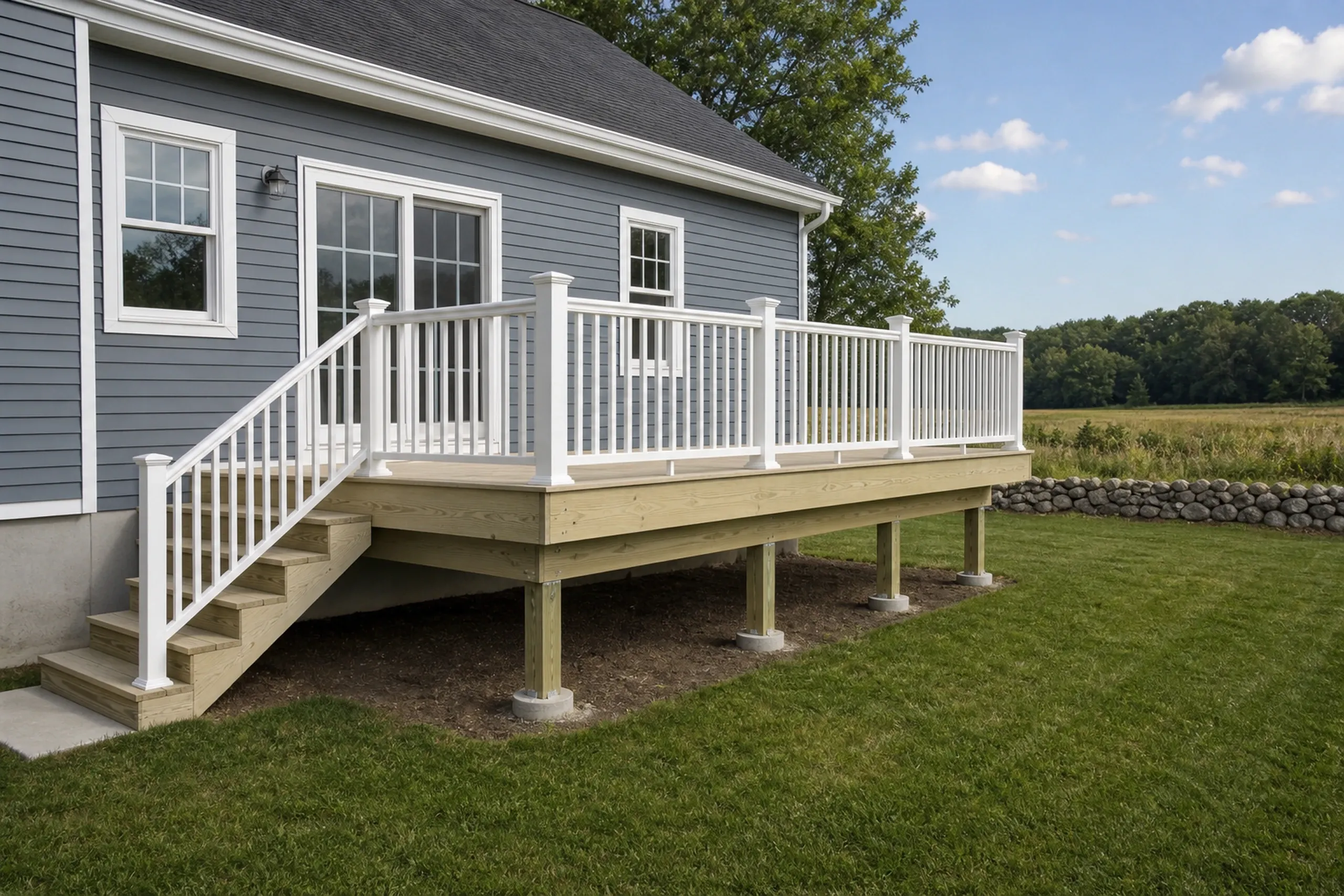 A gray house with white-trimmed windows features a raised wooden deck with white railing and stairs on a grassy yard.