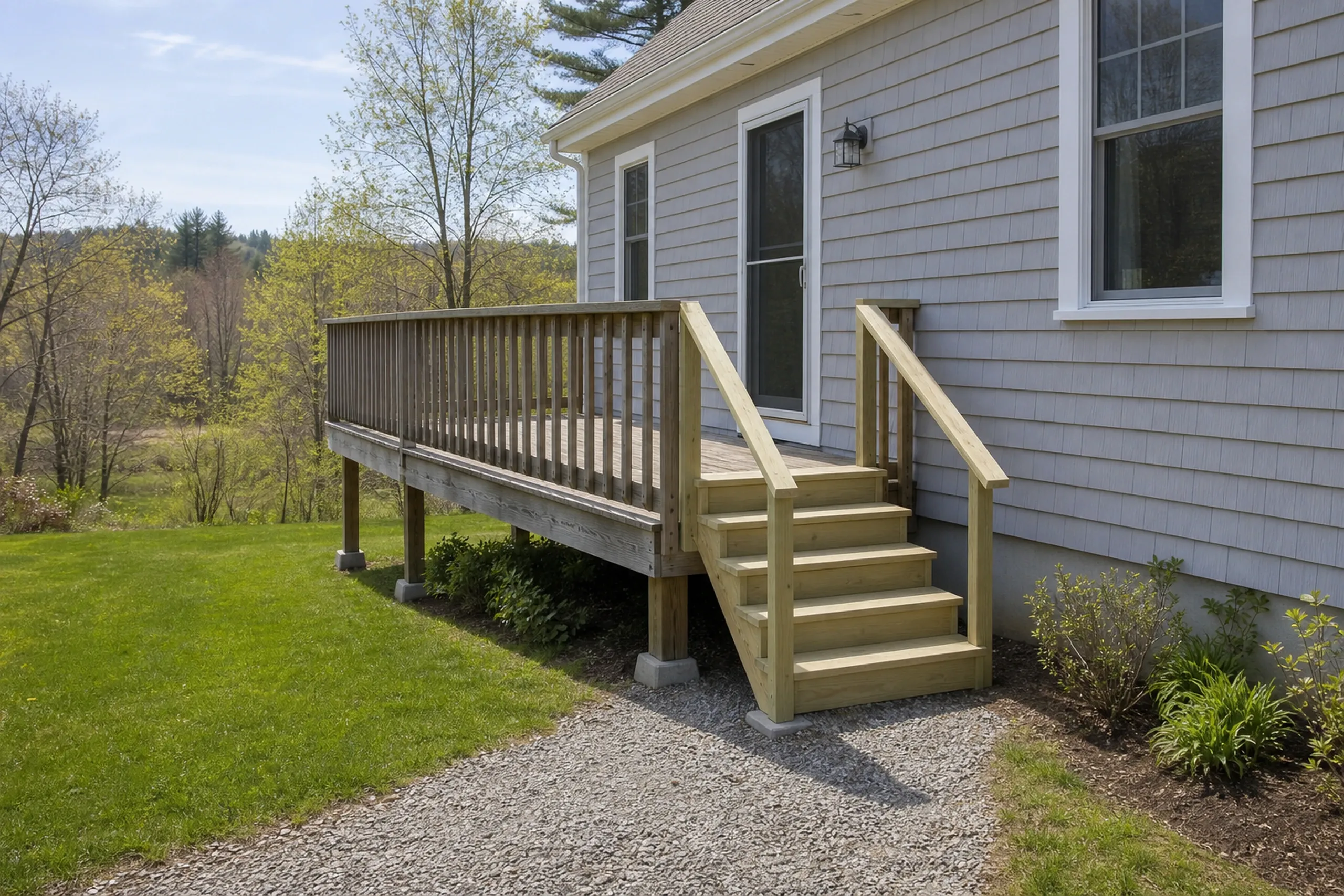 Wooden deck with railing and stairs attached to a gray house with white trim, next to a gravel path and lawn; no people visible.