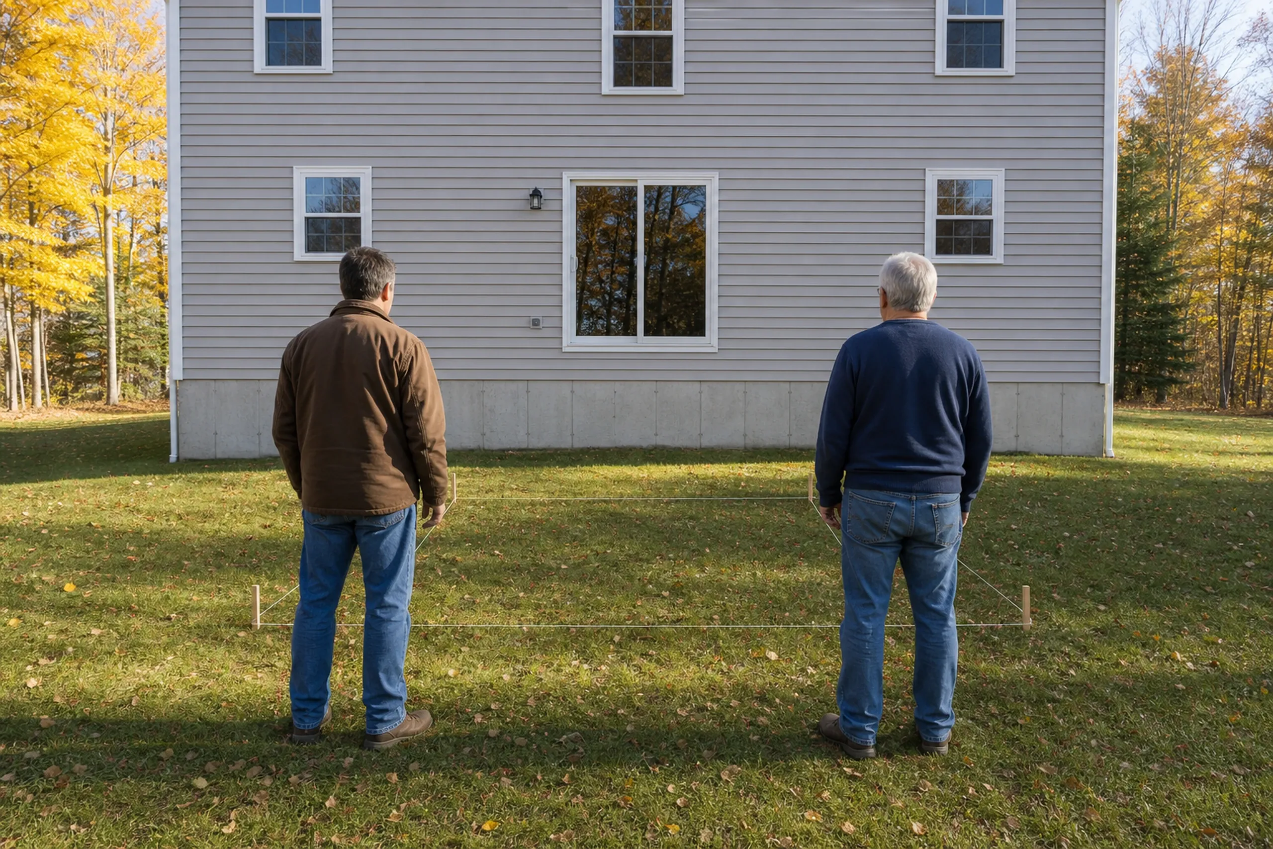 Two men stand on grass facing a beige siding house with a sliding glass door; no deck or railing is visible.