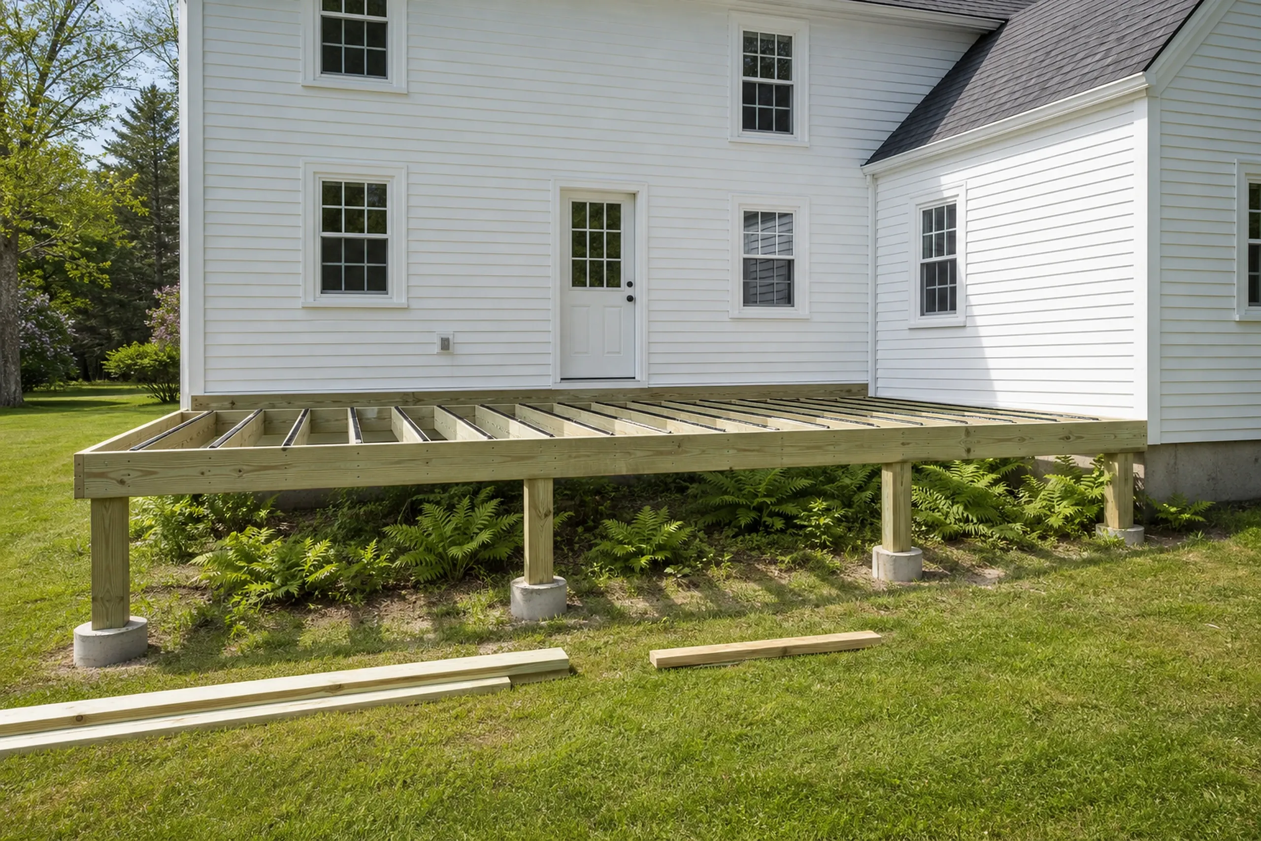 Wood-framed deck under construction with no railing attached, beside a white house with four windows and a door; no people visible.
