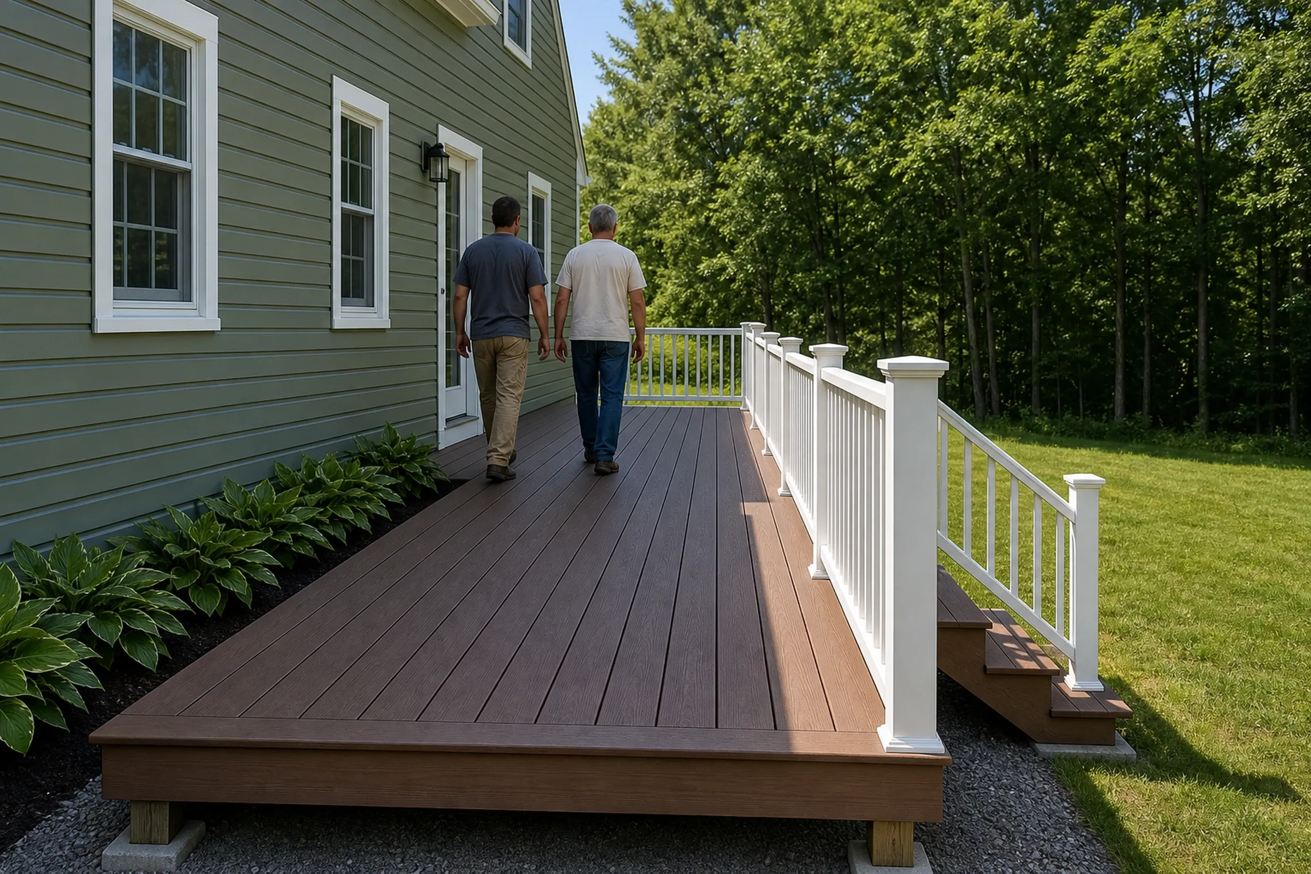 Two men walk on a brown wooden deck with white railing attached to a green house with white-trimmed windows.