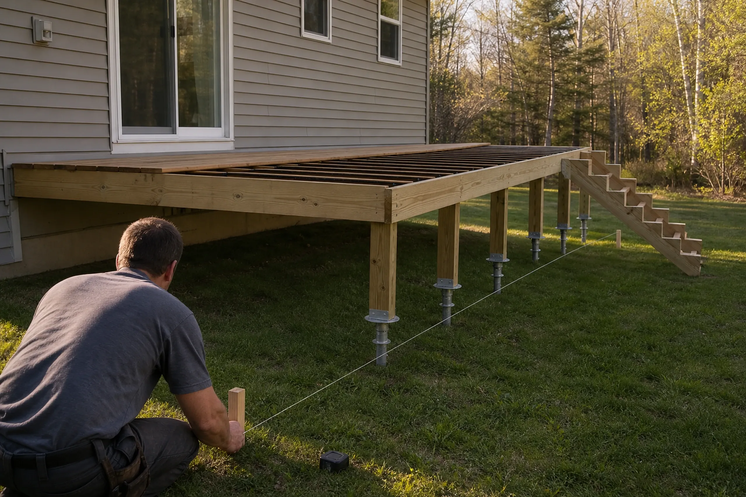 A man measures a wooden deck frame with stairs, attached to a gray house with white trim, supported by metal posts on grass.