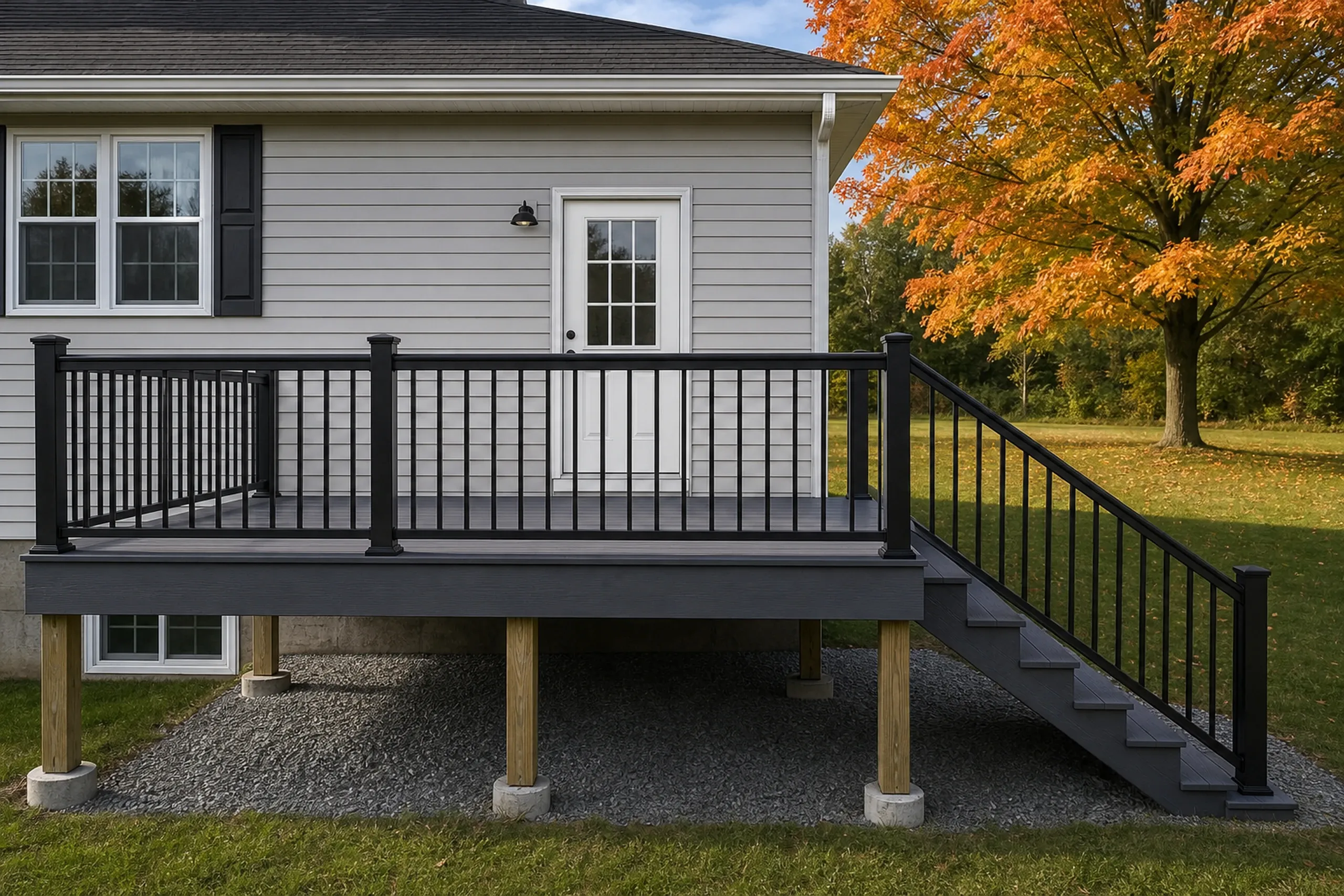 Elevated gray deck with black metal railing and stairs attached to a light gray house with white door and window; fall tree nearby, no people.