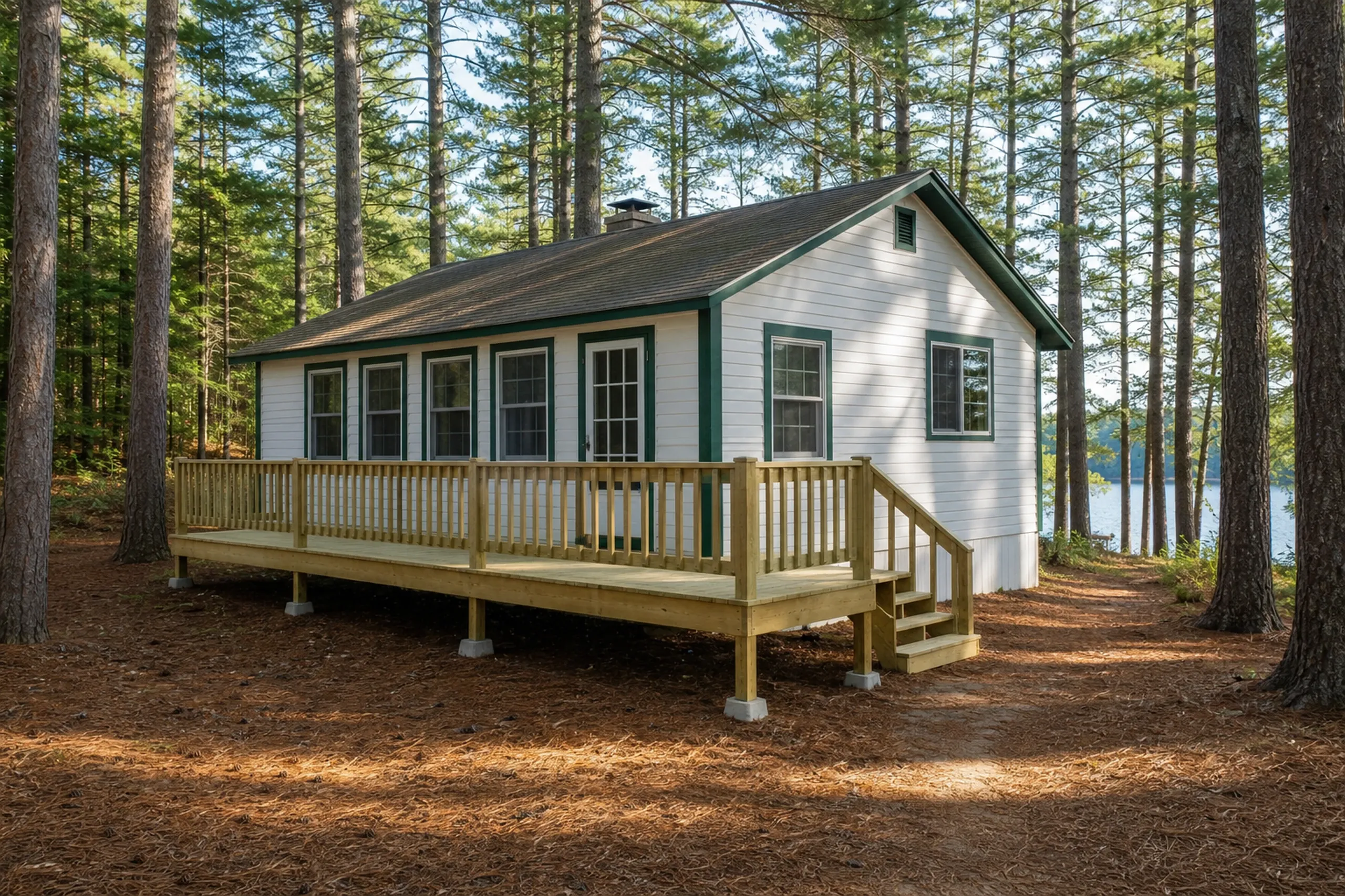 Small white house with green trim, wooden deck with railings and stairs, surrounded by tall pine trees near a lake.