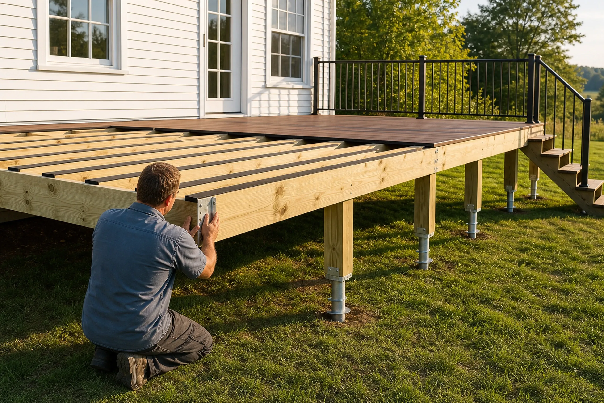 Man kneels on grass working on a partially built wooden deck attached to a white house with metal railing and stairs.