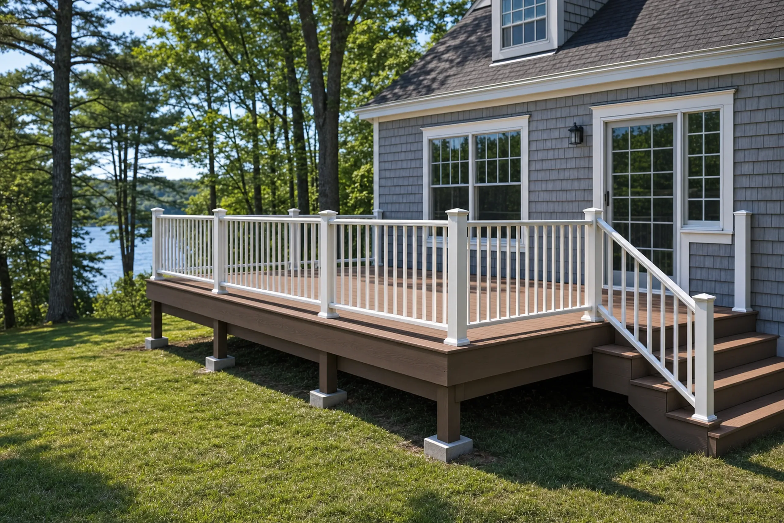 Deck builders in monmouth, me: Deck builders monmouth ME: Brown elevated deck with white railing and stairs attached to gray shingle house with large windows and glass door.