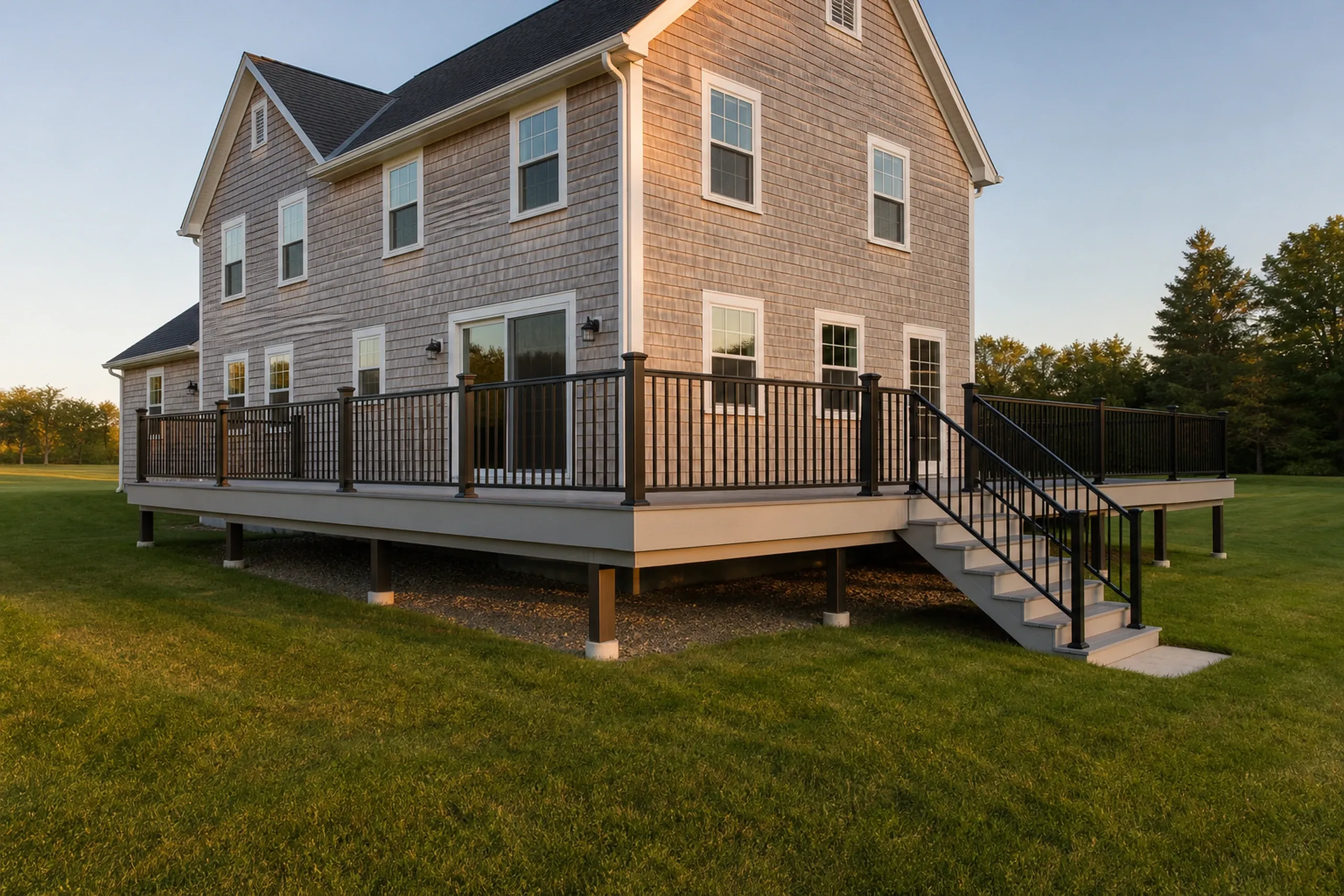 A raised wooden deck with black metal railing surrounds a two-story gray shingle house; two people stand near the far end of the deck.
