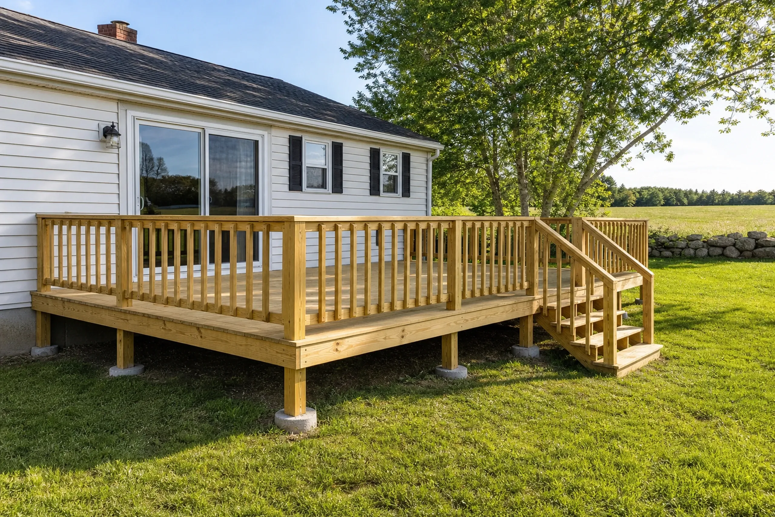 Wooden deck with vertical railings and stairs attached to white house with sliding door and two windows; green lawn and trees nearby.