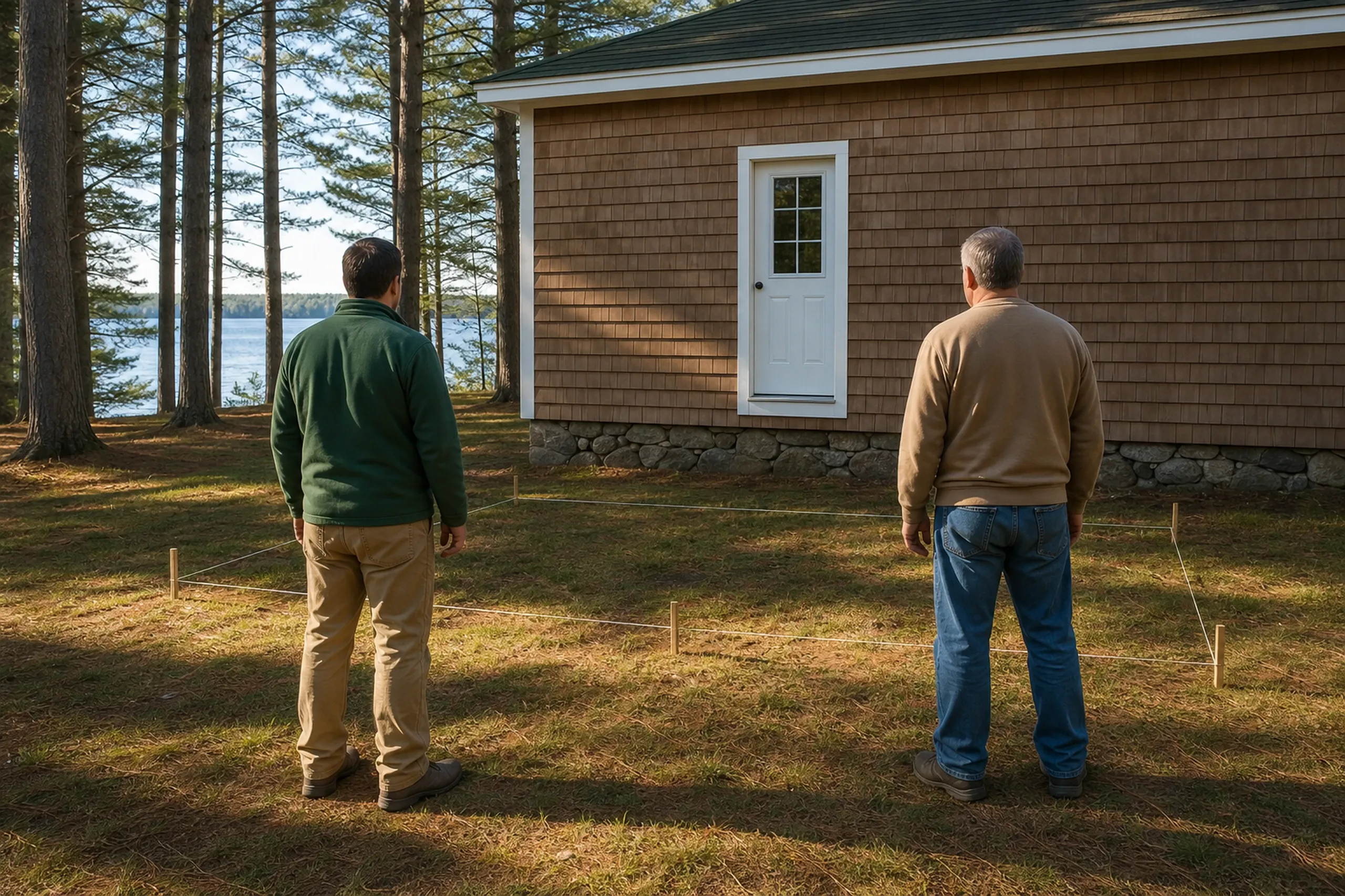 Two men stand on grass facing a brown shingle house with a white door; wooden stakes and string mark a rectangular deck outline.