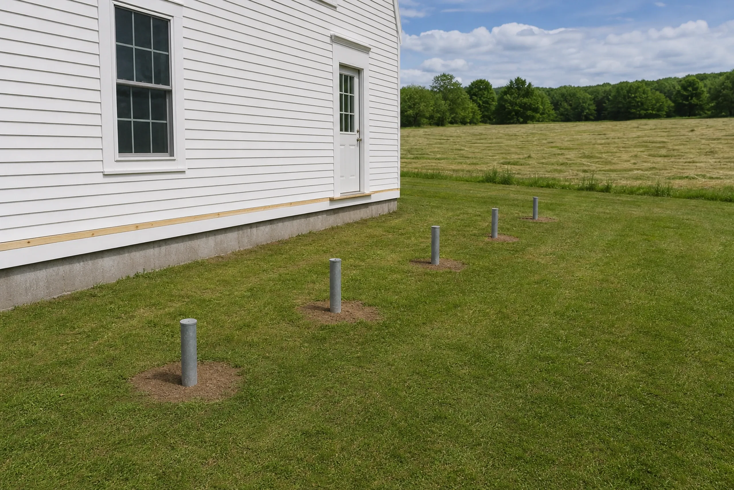 White house with one window and door, bare yard with six metal posts in grass; no deck, railing, or people visible.