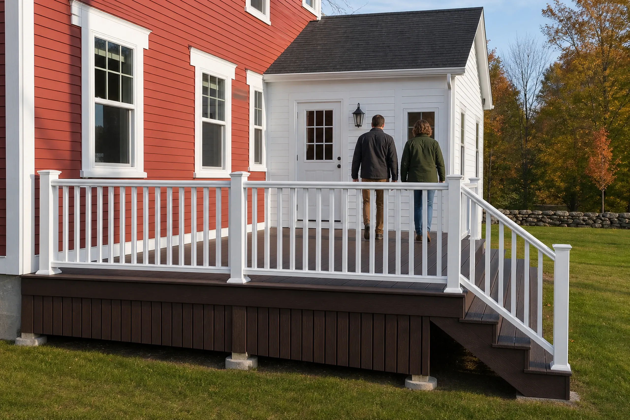 Two people walk on a dark brown deck with white railing attached to a red and white house.