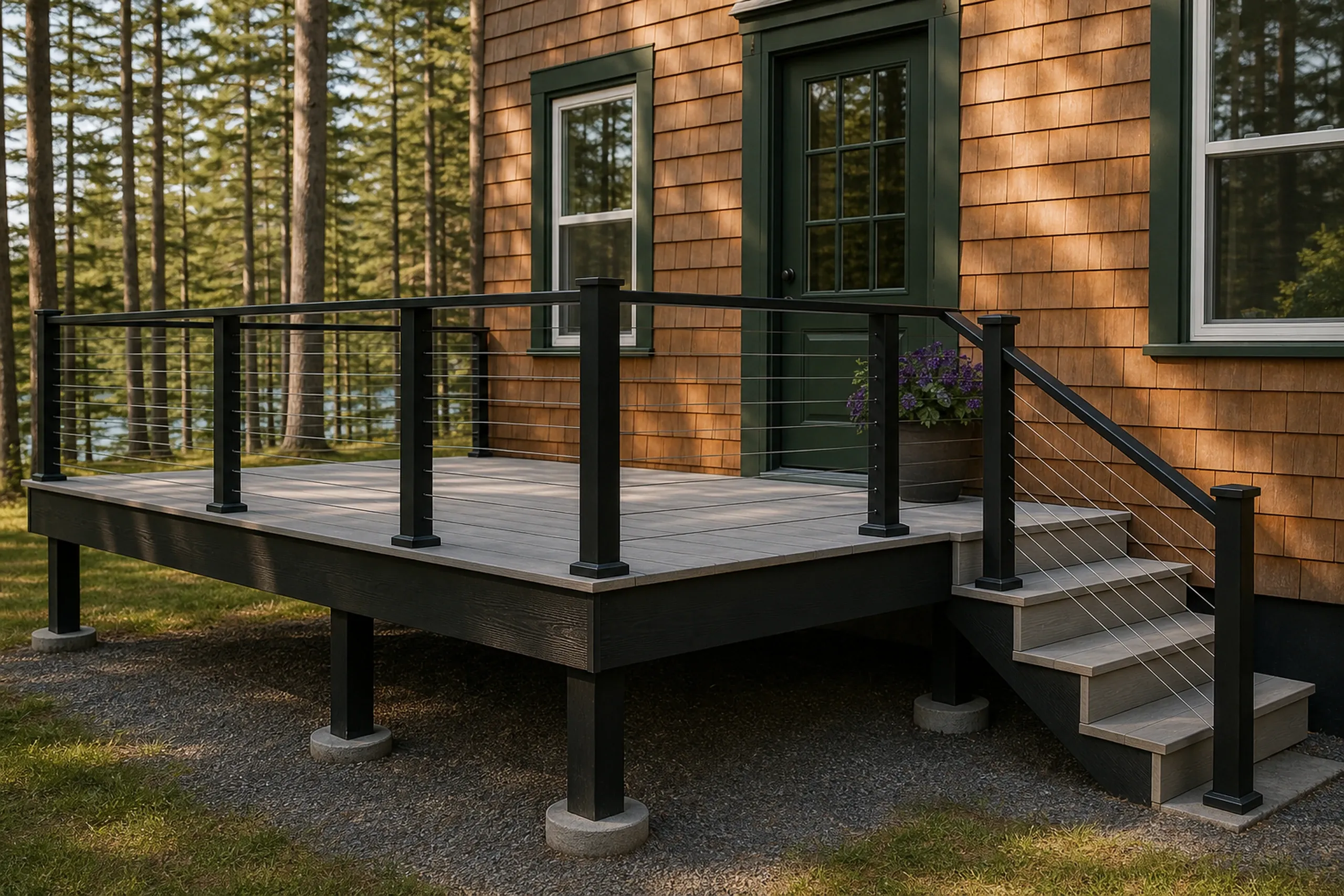 A wooden deck with black metal cable railing and stairs is attached to a brown shingle house with green-trimmed windows and door.