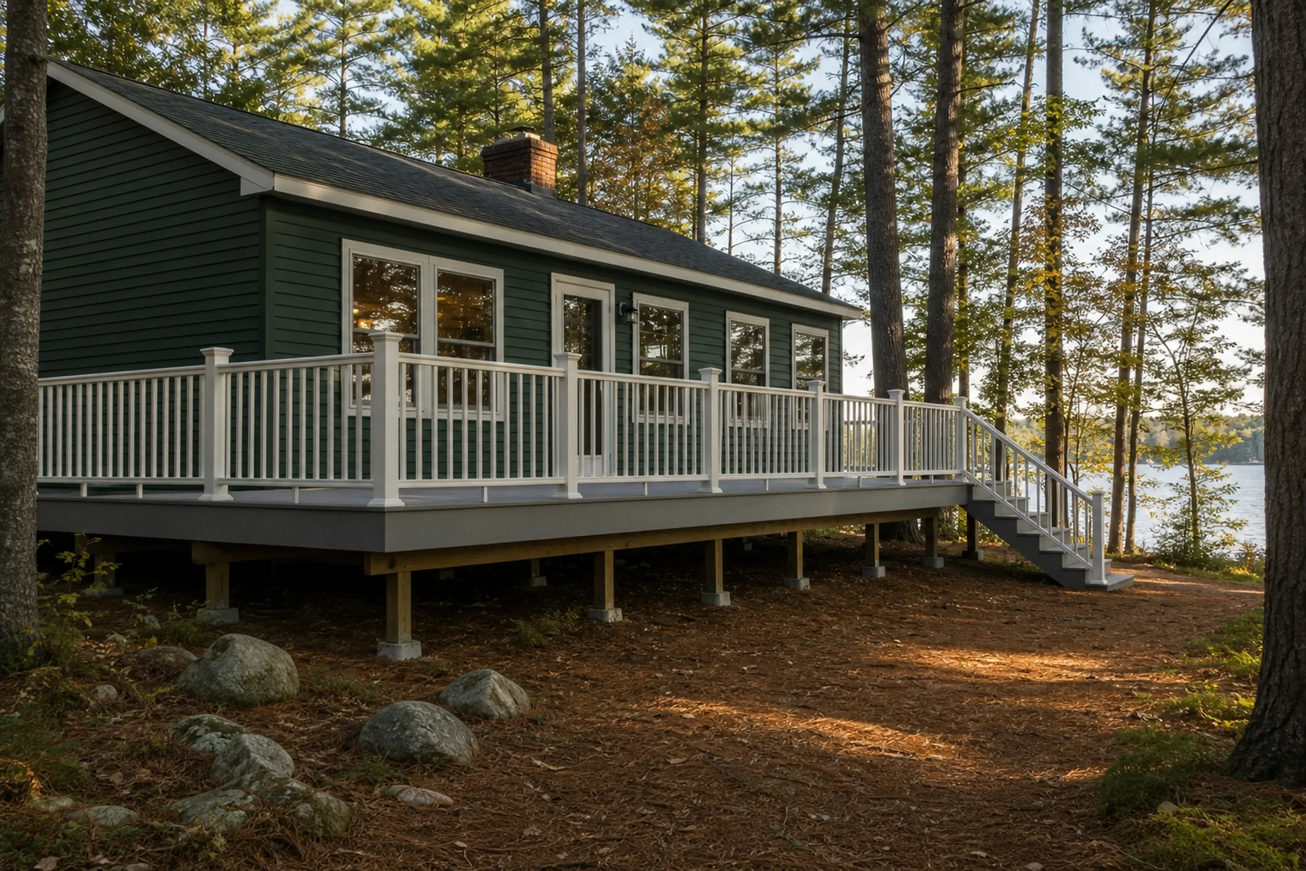 Green house with white-railed wooden deck and stairs, two people sitting at table, surrounded by trees near a lake.