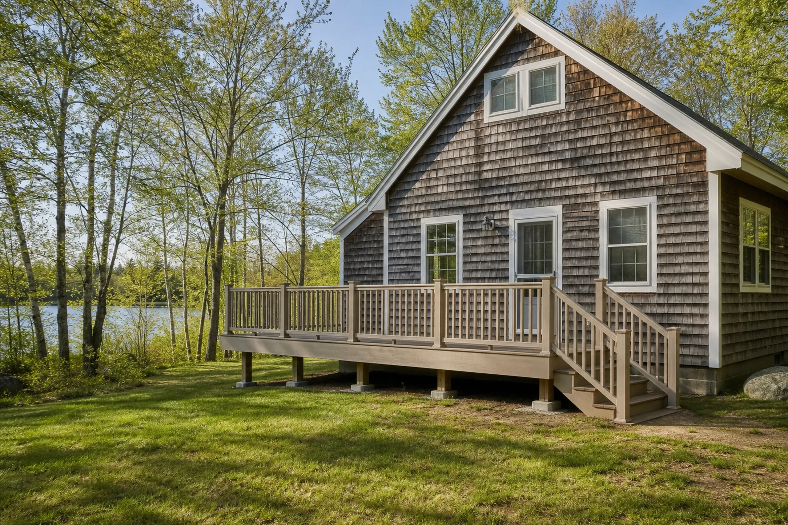 Wooden deck with beige railing and stairs attached to a brown shingled house; no people visible in the image.