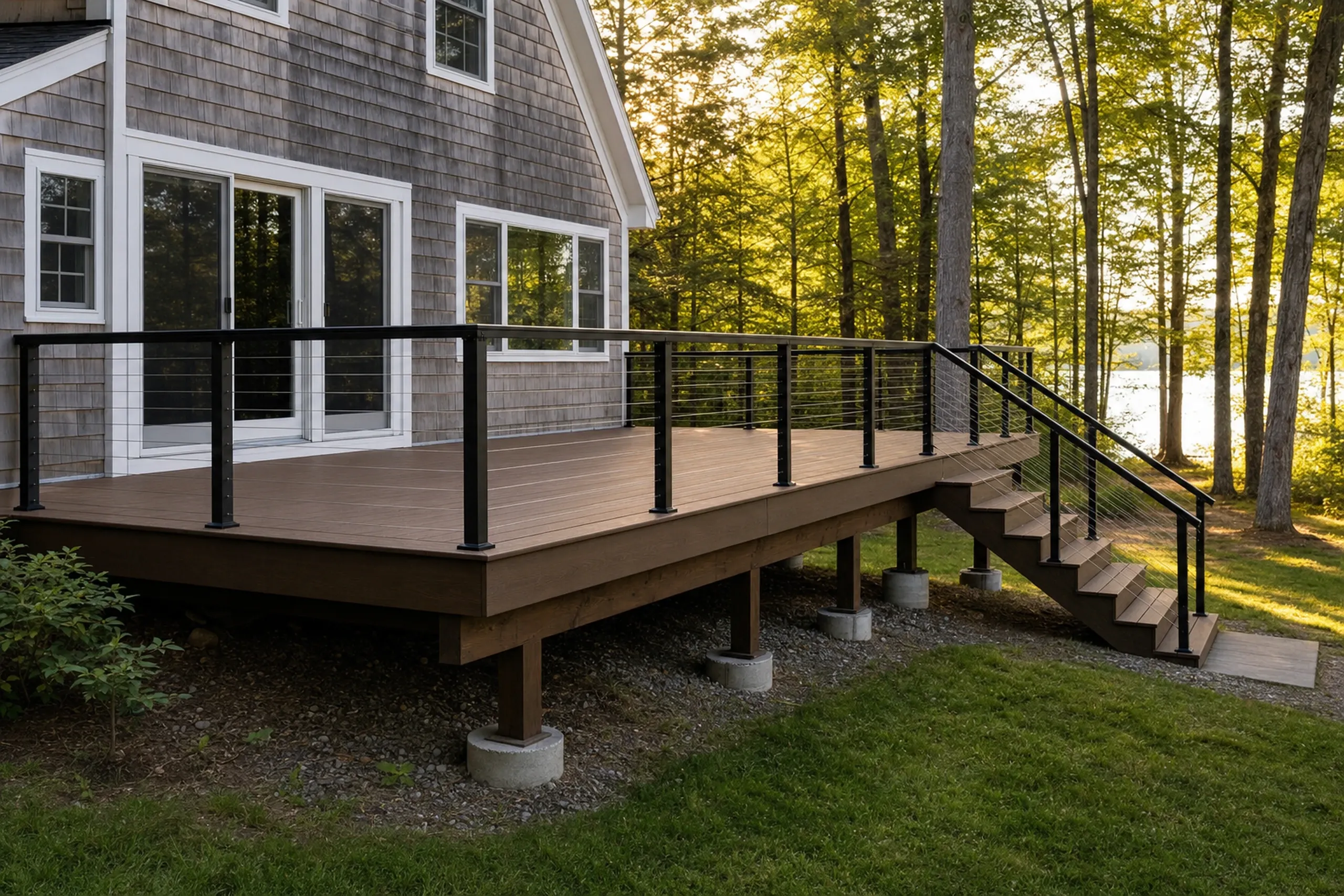 Deck builders in otisfield, me: Deck builders otisfield ME: Brown elevated deck with black metal railing and stairs attached to gray shingle house in a wooded area.