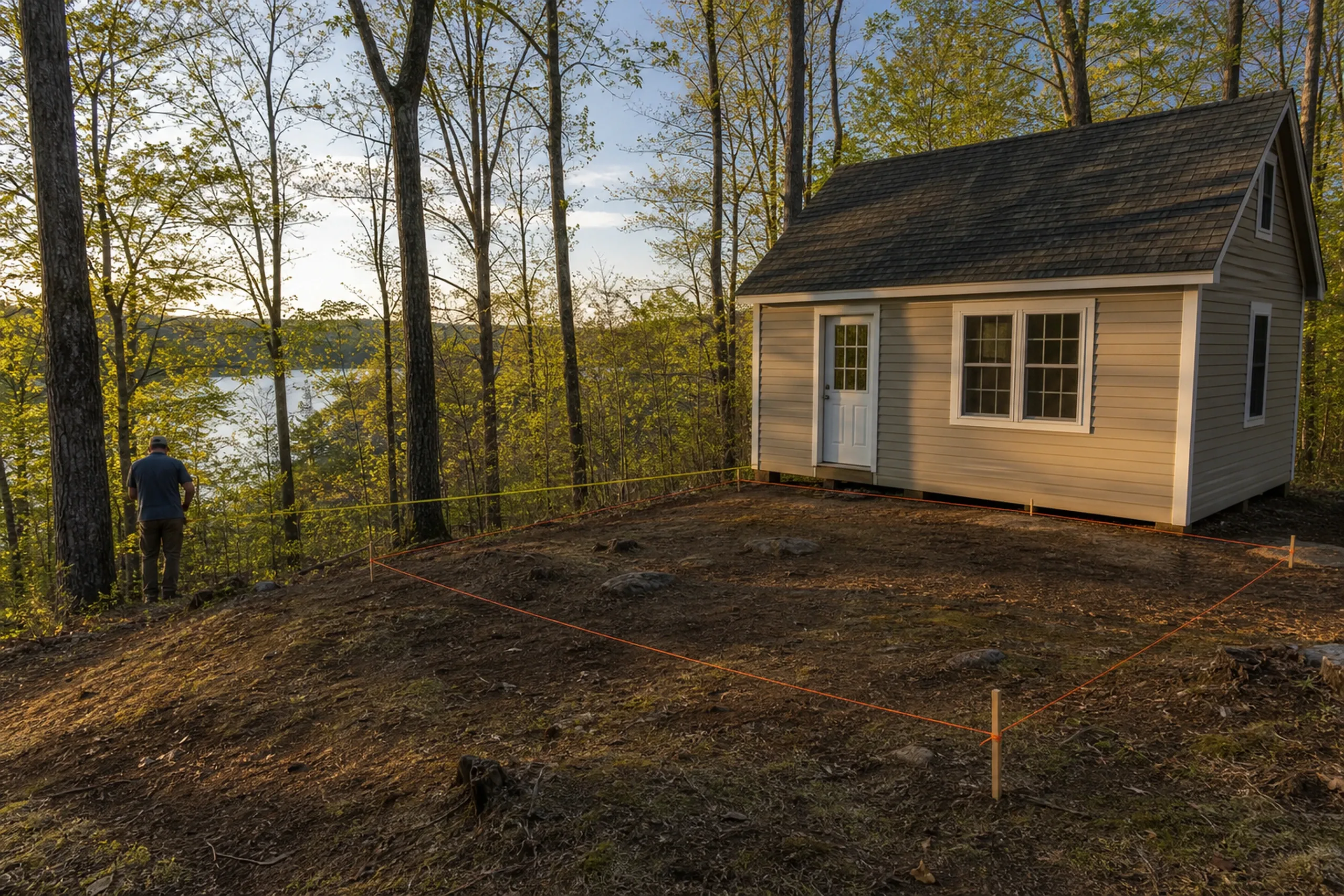 Man standing near forest edge by a small beige house with white door and windows, next to a marked ground plot without a deck or railing.