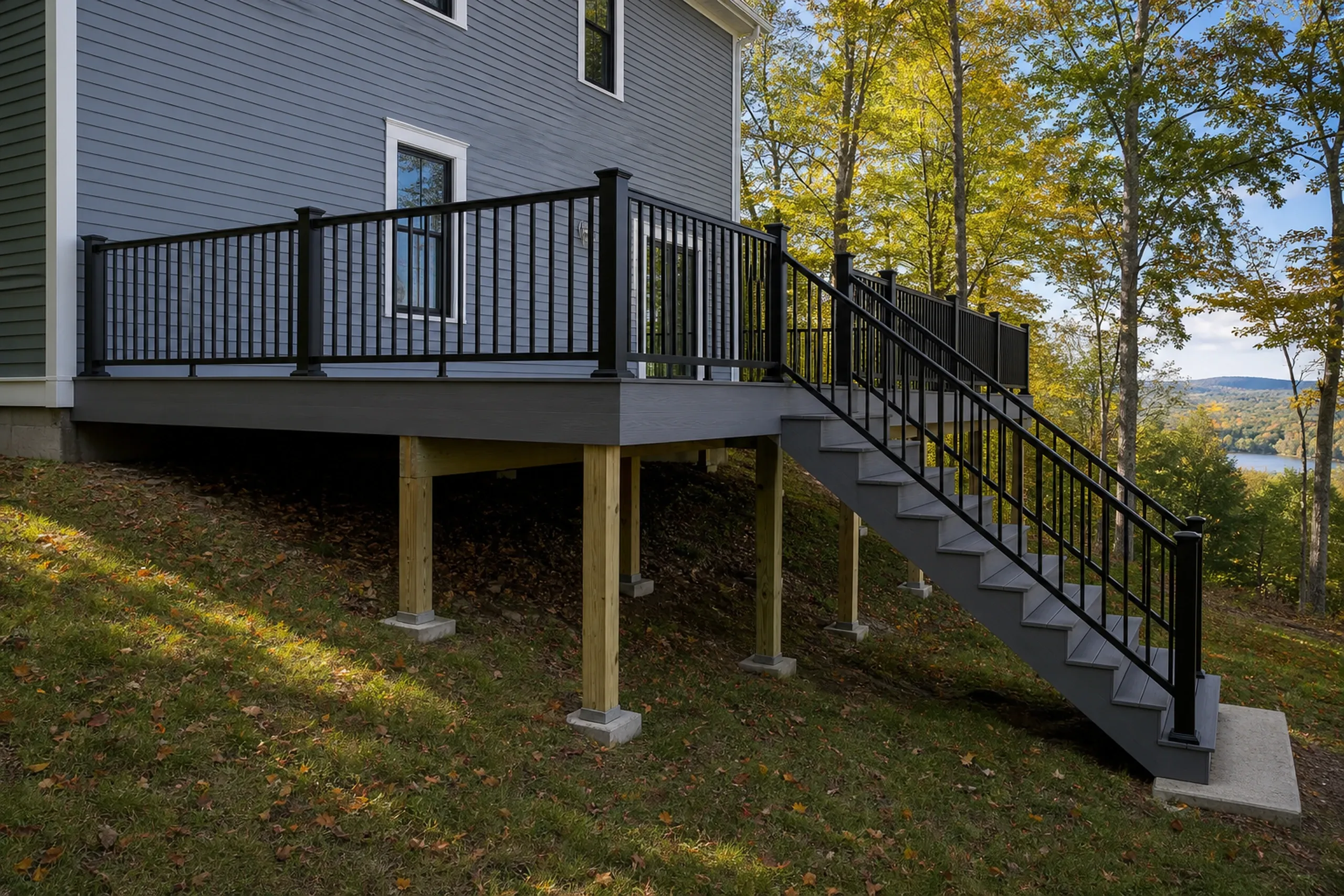 Gray elevated deck with black metal railing and stairs attached to a blue house, surrounded by trees and overlooking a lake.
