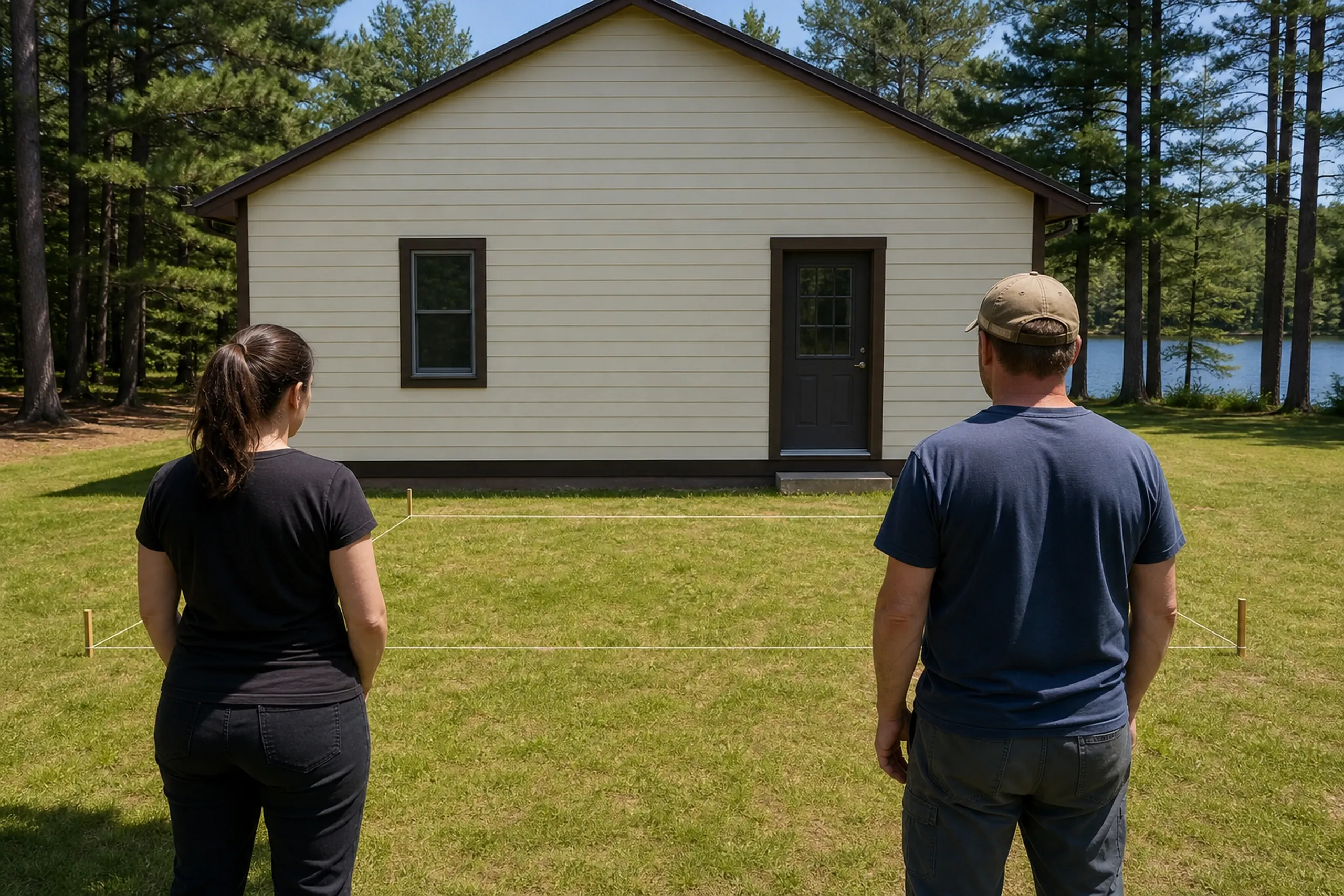 Two people stand on grass facing a beige house with dark trim; a marked rectangular area is outlined on the ground in front of the house.